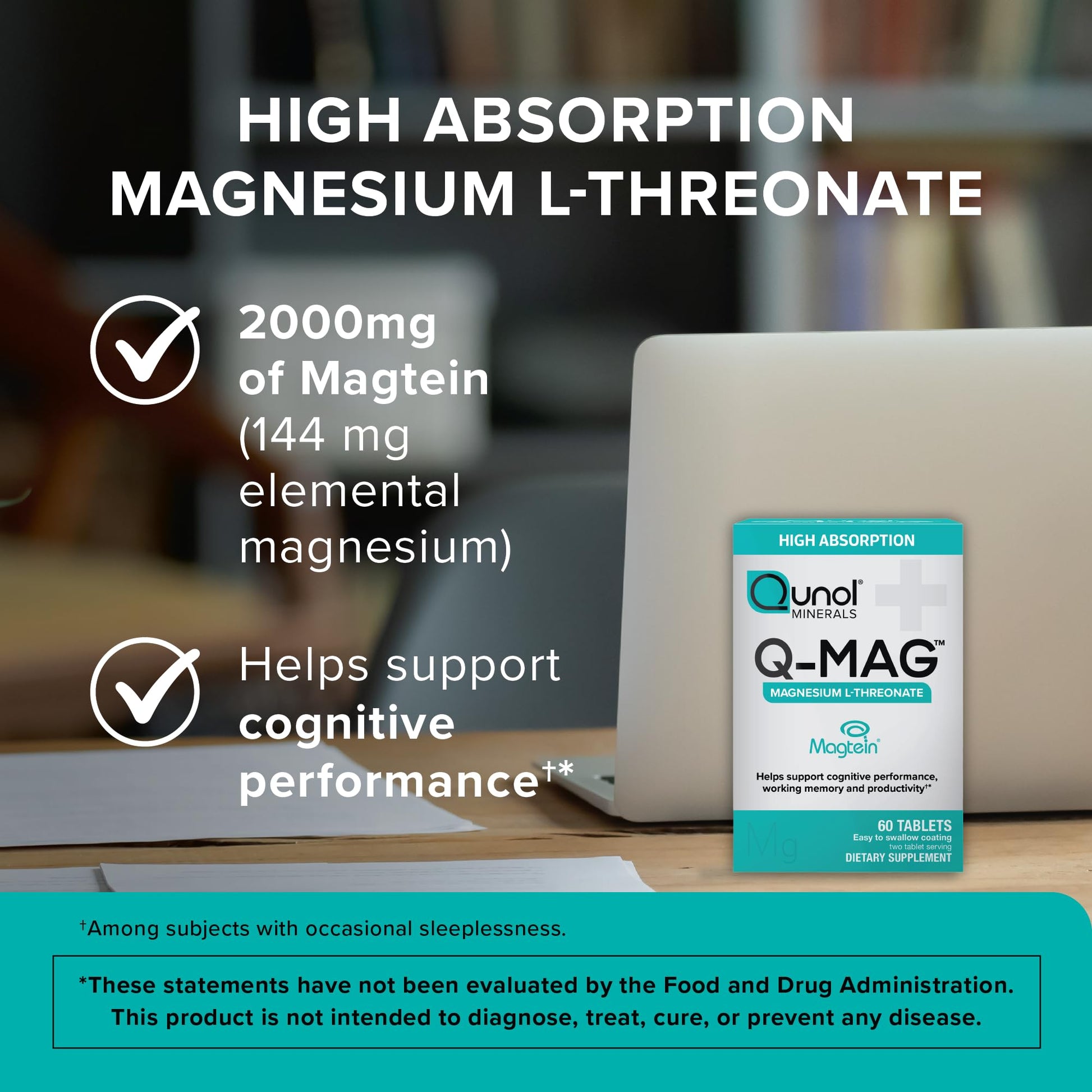 Qunol Q-Mag Magnesium L-Threonate Tablets, 2000mg of Magtein to Help Support Cognitive Performance, Improve Mental Alertness & Productivity, Supports Restful Sleep, High Absorption, 60 Count Qunol uk supplements