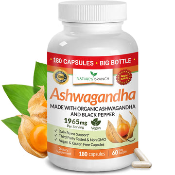 UDAF Certified Organic Ashwagandha with Black Pepper, 1965mg - Extra Strength for Stress, Sleep, Mood, Thyroid, Energy, Hair, Vegan Pure Root Extract Powder Supplement for Men and Women | 180 Capsules NATURE'S BRANCH uk supplements