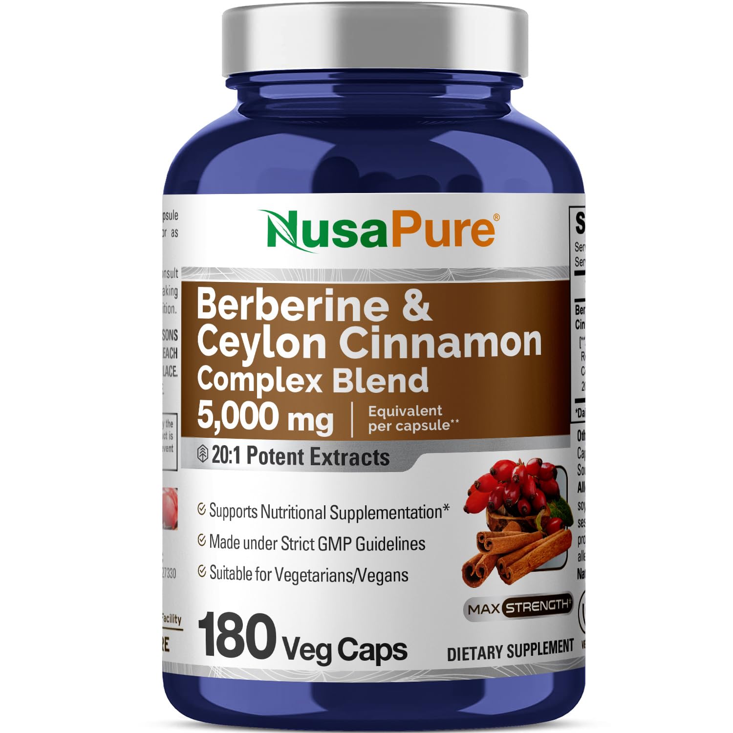 NusaPure Berberine with Ceylon Cinnamon 20:1 Extract, 250 mg Equivalent to 5000mg 180 Veggie Capsules, Vegetarian, Non-GMO Supplement, (Berberine Complex) NusaPure uk supplements