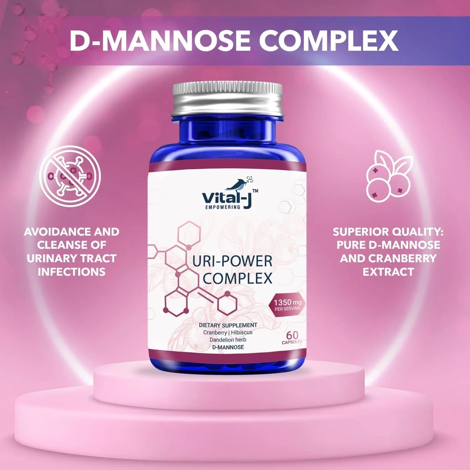 4-IN-1 URI POWER COMPLEX 1350mg - D Mannose, Cranberry, Hibiscus, and Dandelion Herb - Naturally Cleanse the Bladder and Urinary Tract 60 capsules – Specialized Approach for UTI Avoidance Vital-J Empowering uk supplements