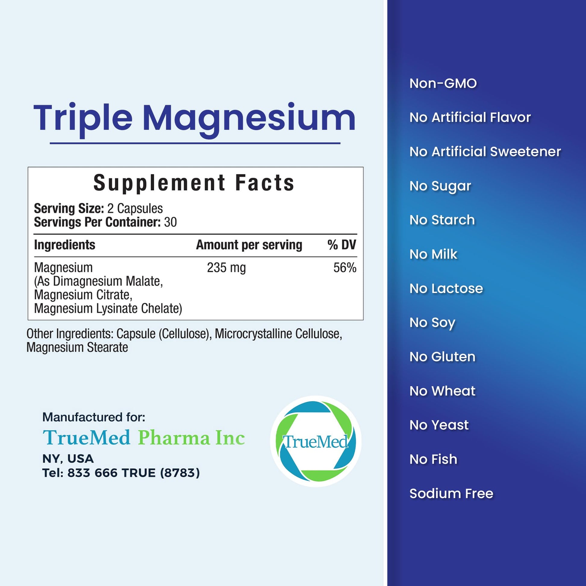 Truemed Triple Magnesium Complex Supplement 235mg with Magnesium Citrate, Malate & Lysinate Chelate | Magnesium Supplement for Sleep, Muscle Relaxation, Energy & Nerve Support | 60 Capsules, USA Made TRUEMED uk supplements