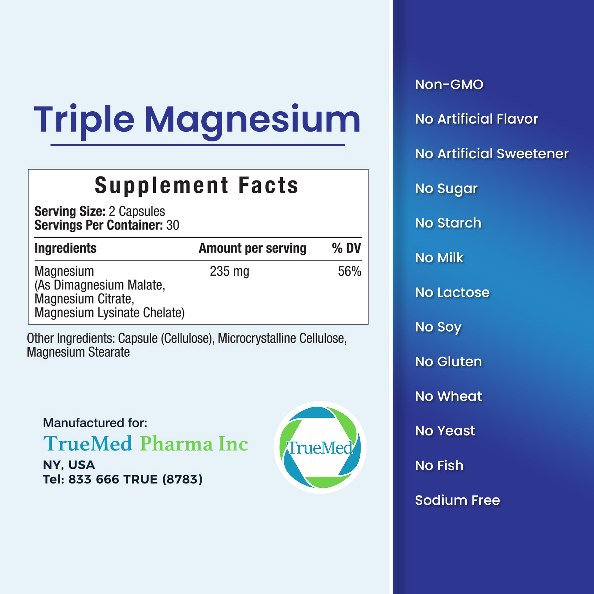 Truemed Triple Magnesium Complex Supplement 235mg with Magnesium Citrate, Malate & Lysinate Chelate | Magnesium Supplement for Sleep, Muscle Relaxation, Energy & Nerve Support | 60 Capsules, USA Made TRUEMED uk supplements