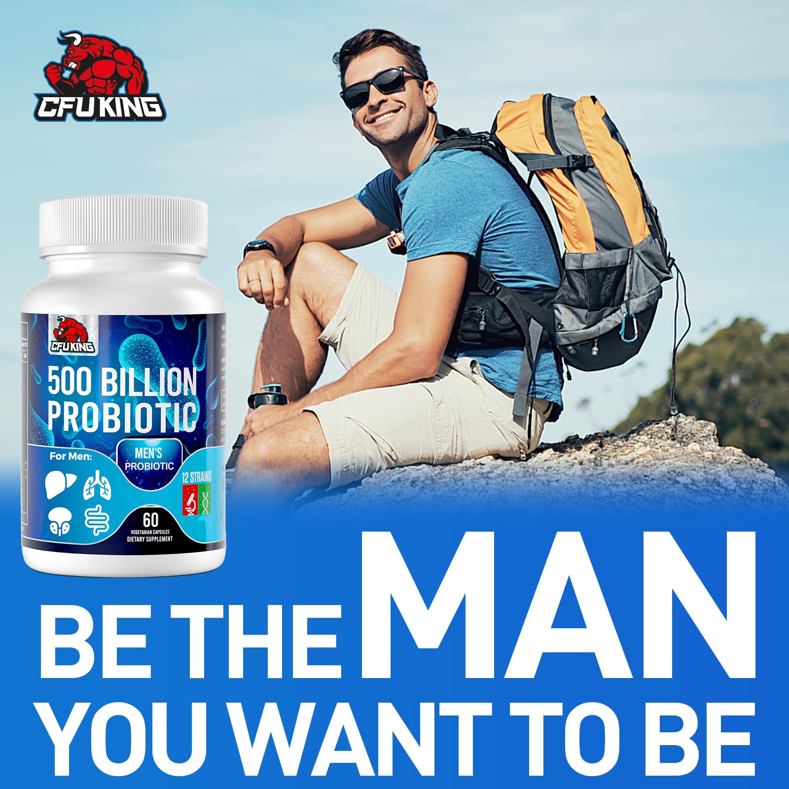 Probiotics for Men, 500 Billion CFU & 12 Mens Probiotic for Digestive Health + 4 Organic Prebiotic Fiber, for Digestive, Gut, Immune Health, Bloating, Gas, Energy Support, Shelf Stable - 120 Capsules CFUKING uk supplements
