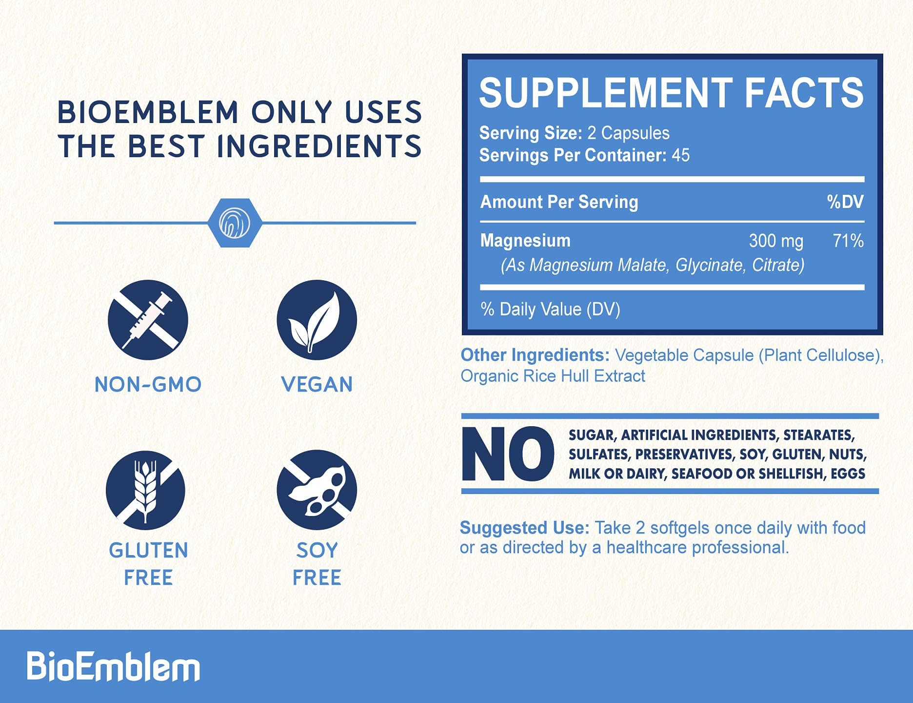 BioEmblem Triple Magnesium Complex | 300mg Magnesium Glycinate, Malate & Citrate | High Absorption Chelated Formula | Vegan, Non-GMO, Gluten-Free | 90 Capsules BioEmblem uk supplements