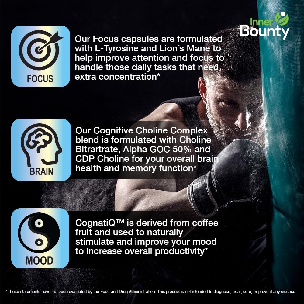 Inner Bounty Focus 14-in-1 Nootropic Brain Supplement with Lions Mane, Alpha GPC Choline, Vitamin C & B12, Taurine, Bacopa - Energy, Cognitive, Memory Support, 60 Filler Free Capsules Inner Bounty uk supplements