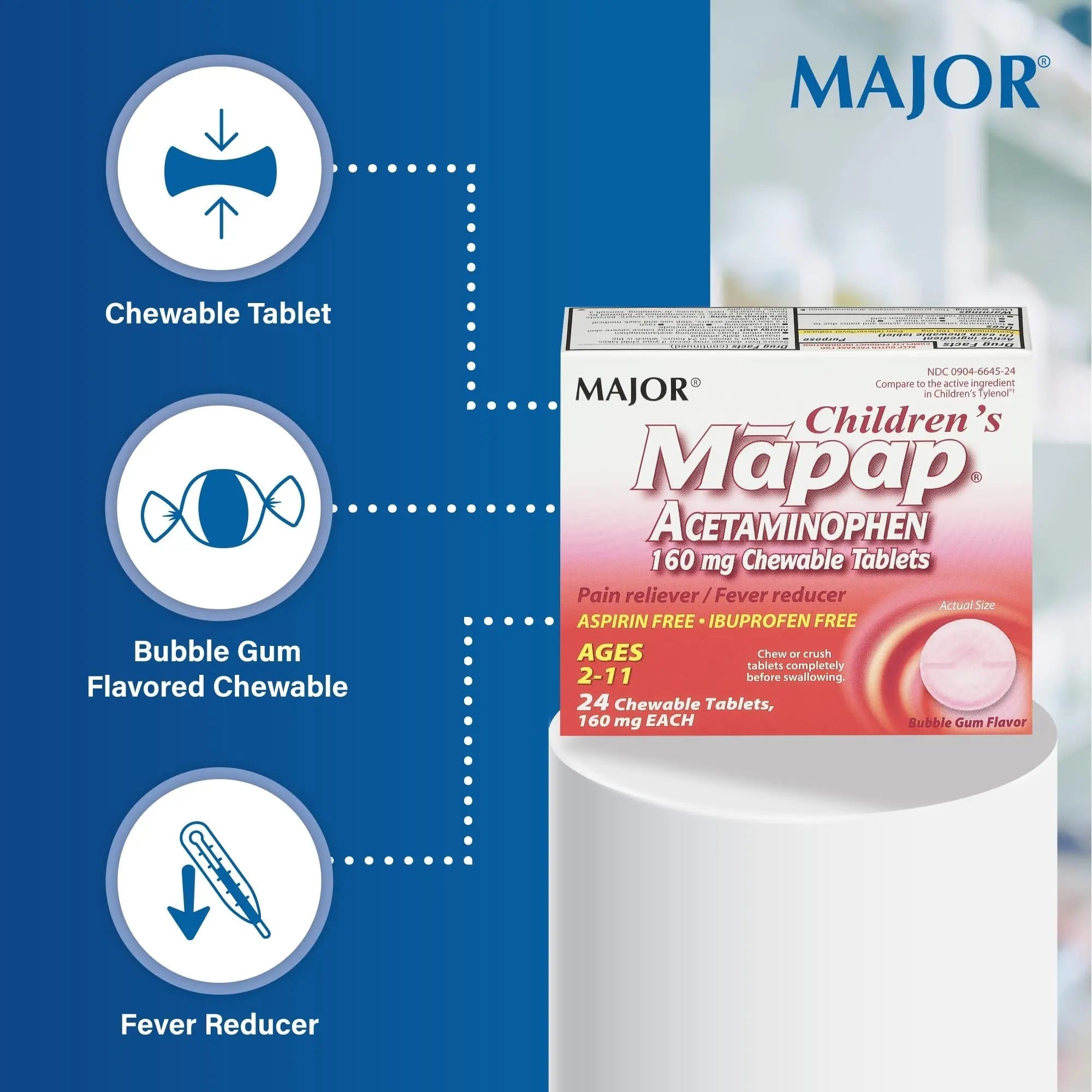 MAJOR Children’s Mapap Acetaminophen 160 mg Chewable Tablets - Pain Reliever/Fever Reducer - Aspirin Free - Ibuprofen Free - for Ages 2 to 11-24 Count (3 Pack) MAJOR uk supplements