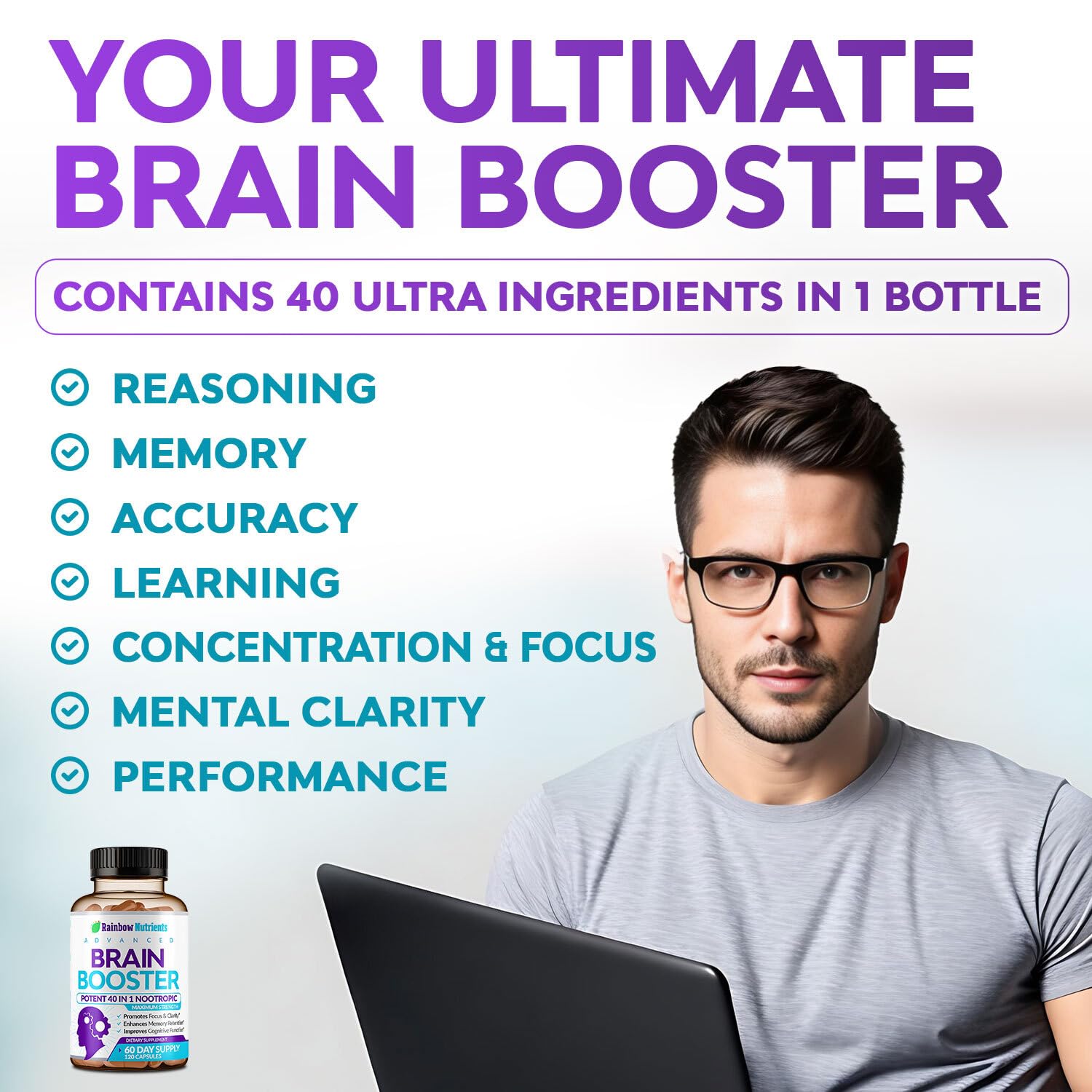 40-in-1 Brain Booster Supplements for Memory, Focus, Clarity, Energy, Performance Rainbow Nutrients, LLC uk supplements
