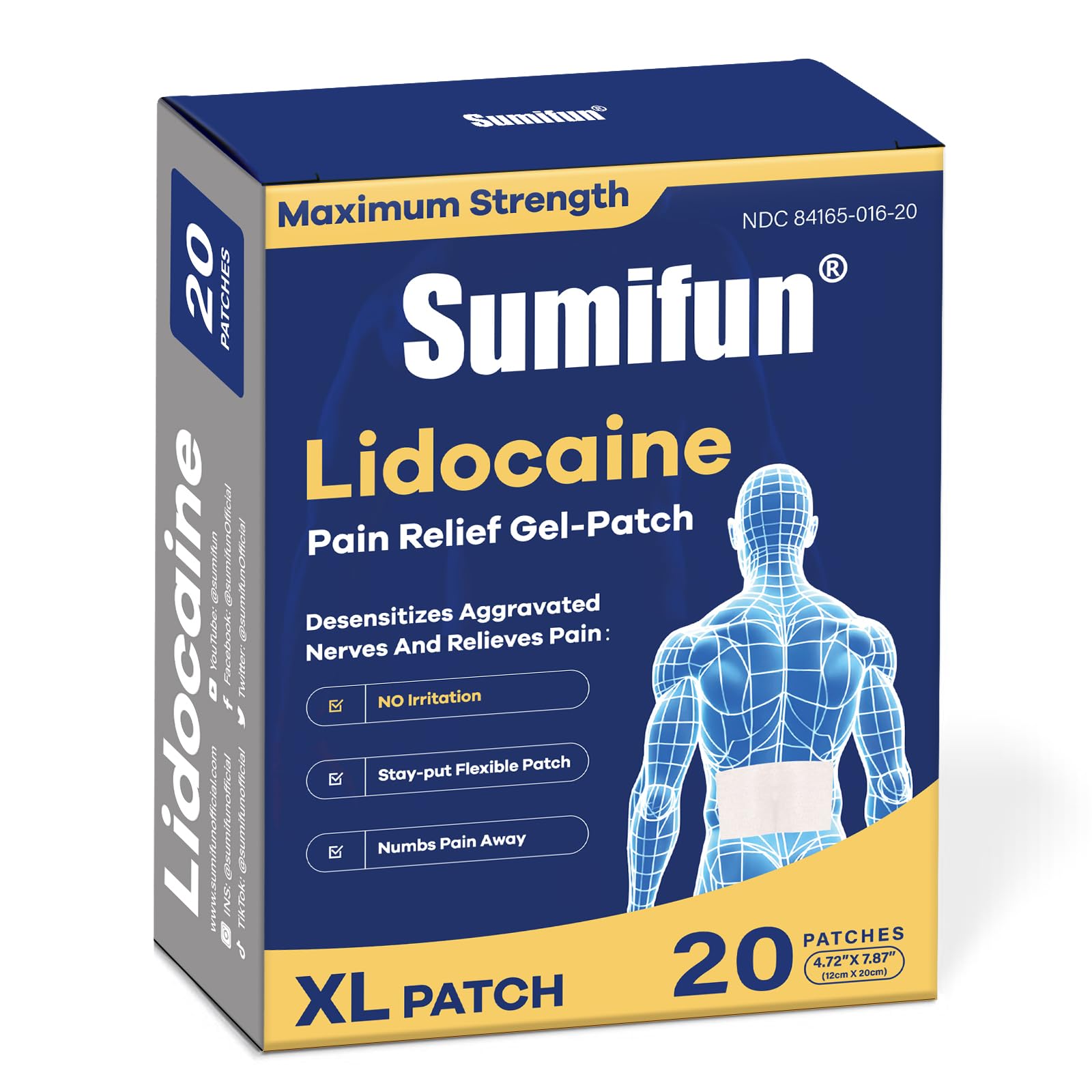 Sumifun XL Lidocaine Patches for Pain Relief, 4% Lidocaine Maximum Strength OTC, Extra Large 4.72"x7.87" for Full Back Pain Patches & Large Areas (Extra Large, Count, 20) Sumifun uk supplements
