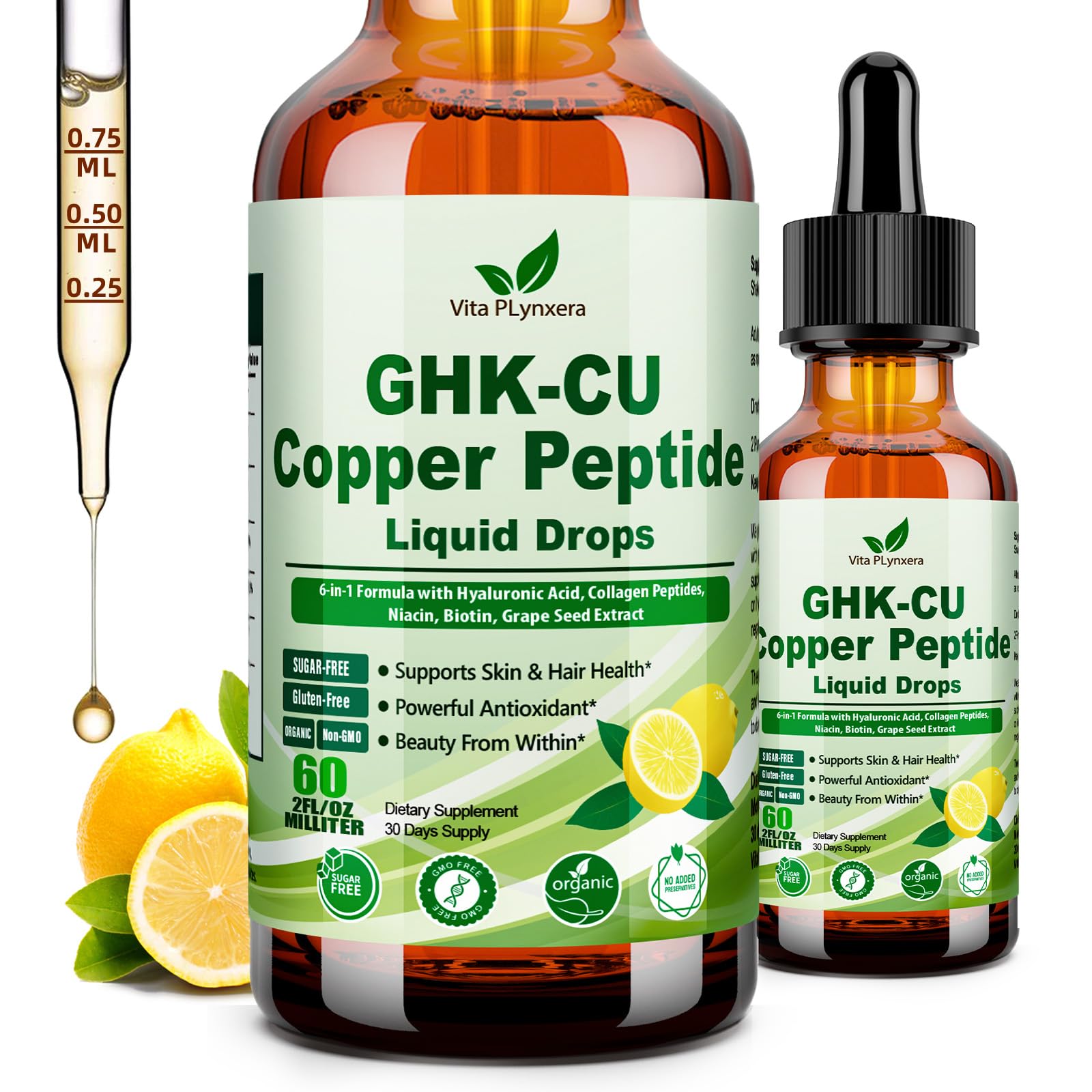 Vita PLynxera GHK-CU Peptide Supplement Liquid Drops, Premium 6-in-1 GHK CU Copper Peptides w. Marine Collagen Hyaluronic Acid Biotin for Anti-Aging, Skin Hair Growth Support, Oral Drops丨Women Men Vita PLynxera uk supplements