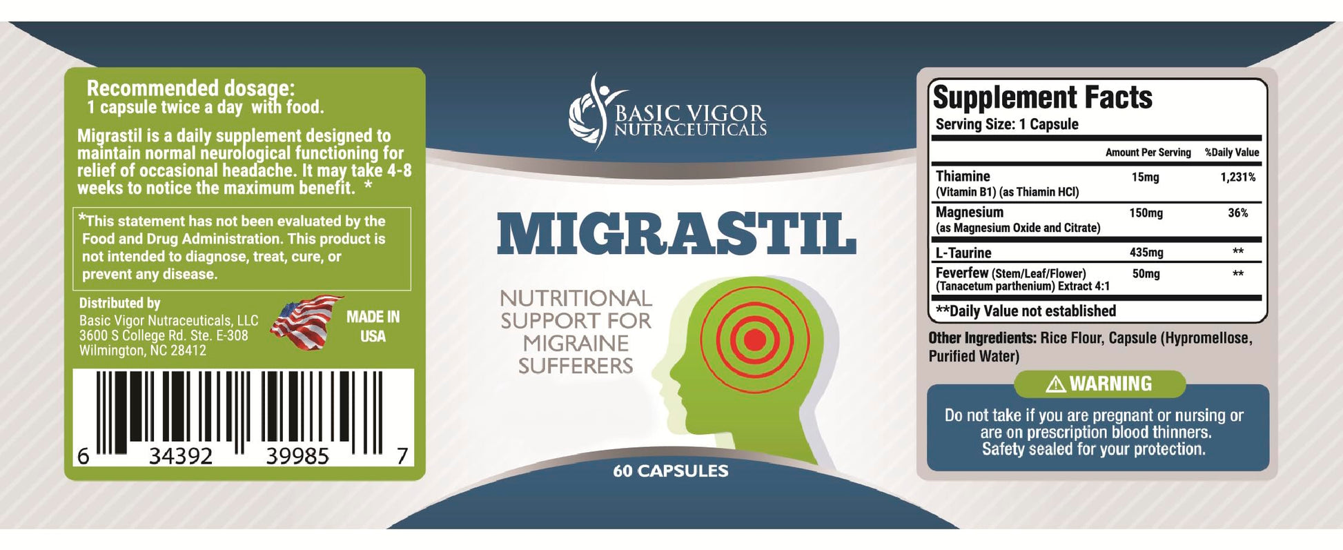 Basic Vigor Migrastil Migraine Support Capsules. Feverfew, Magnesium, Taurine & Vitamin B1 for Migraines Natural Supplement. Made in The USA. Vegan and Gluten Free. Basic Vigor uk supplements