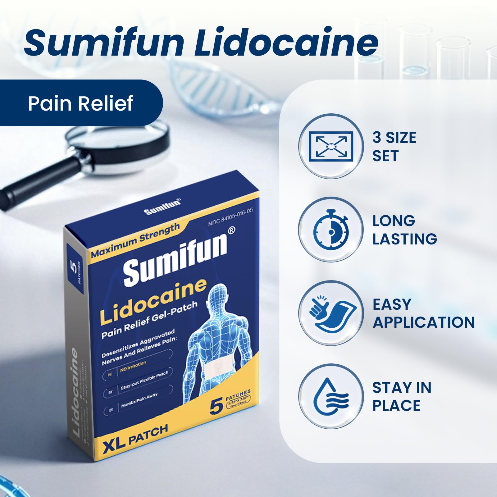 Sumifun XL Lidocaine Patches for Pain Relief, 4% Lidocaine Maximum Strength OTC, Extra Large 4.72"x7.87" for Full Back Pain Patches & Large Areas, 5 Count Sumifun uk supplements