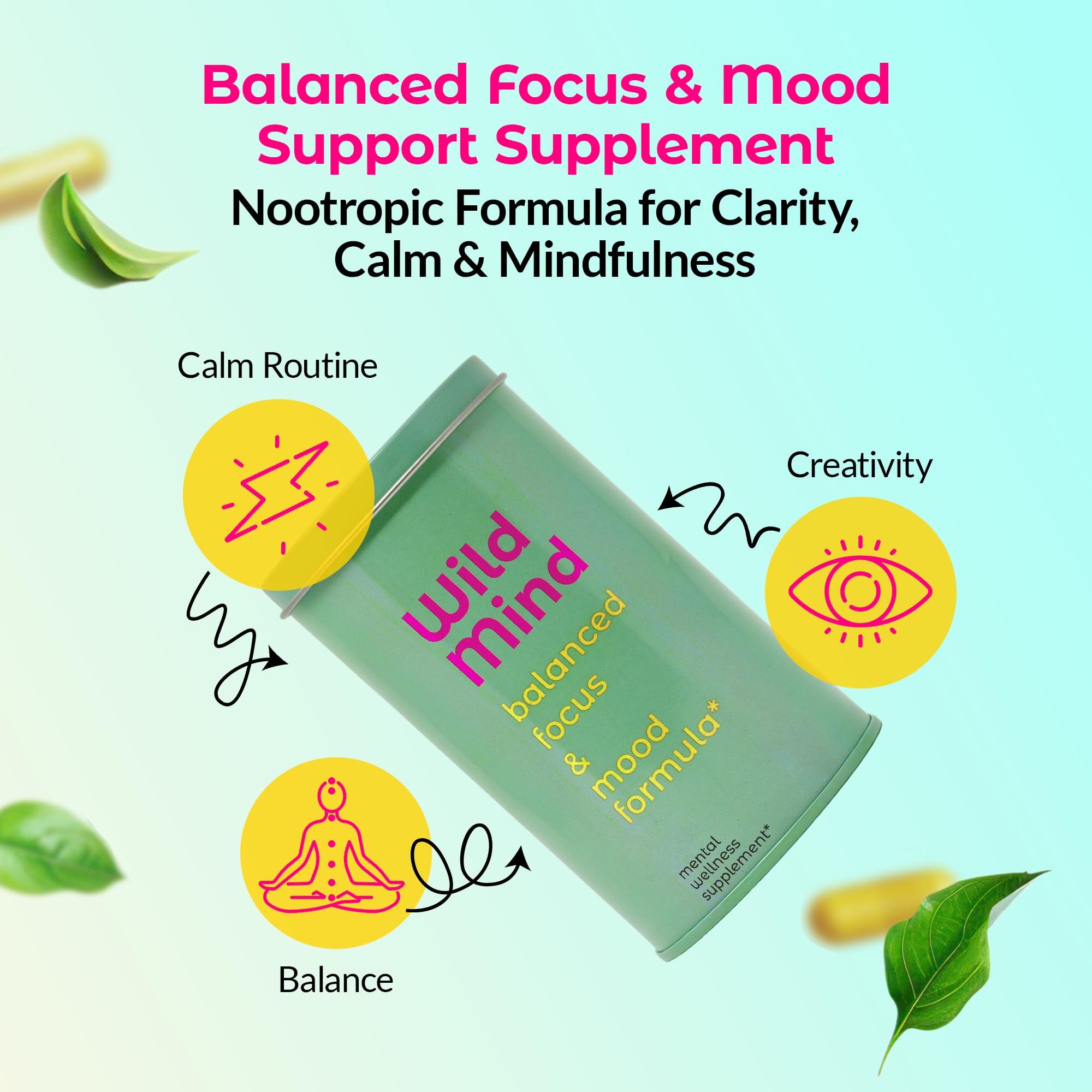 Wild Mind Mental Clarity Balanced Focus & Mood Support Supplement for Mental Wellness– 4-Ingredient Nootropic Brain Support for Calm & Energy – Vegan, 90 Capsules, 30-Day Supply Wild Mind uk supplements