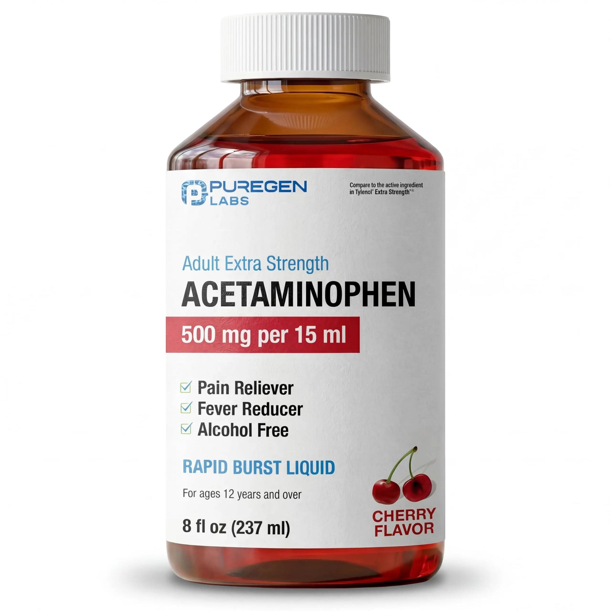 Puregen Labs Adult Extra Strength Acetaminophen Liquid 500mg/15ml - 8 fl oz Rapid Burst Pain Reliever/Fever Reducer, Cherry Flavor | Muscle & Joint Pain Relief | Arthritis Pain Relief P Puregen Labs uk supplements