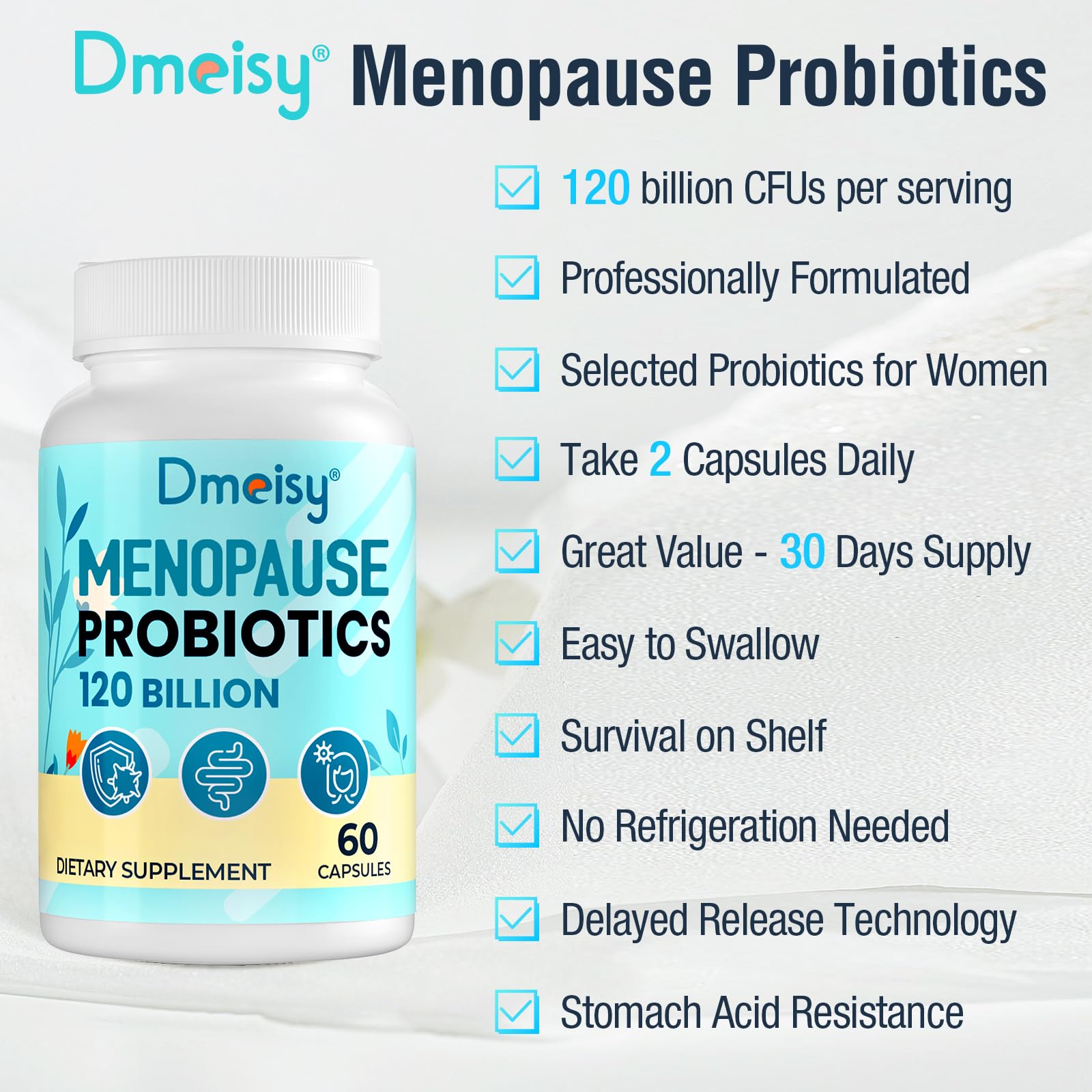 Menopause Supplements for Women, 120 Billion CFU Probiotic, 13-in-1 Herbs Probiotics Complex, for Menopause Relief, Hormone Balance, Hot Flashes, Night Sweats, Mood Swings, Gut & Immunity - 60 Capsule Dmeisy uk supplements