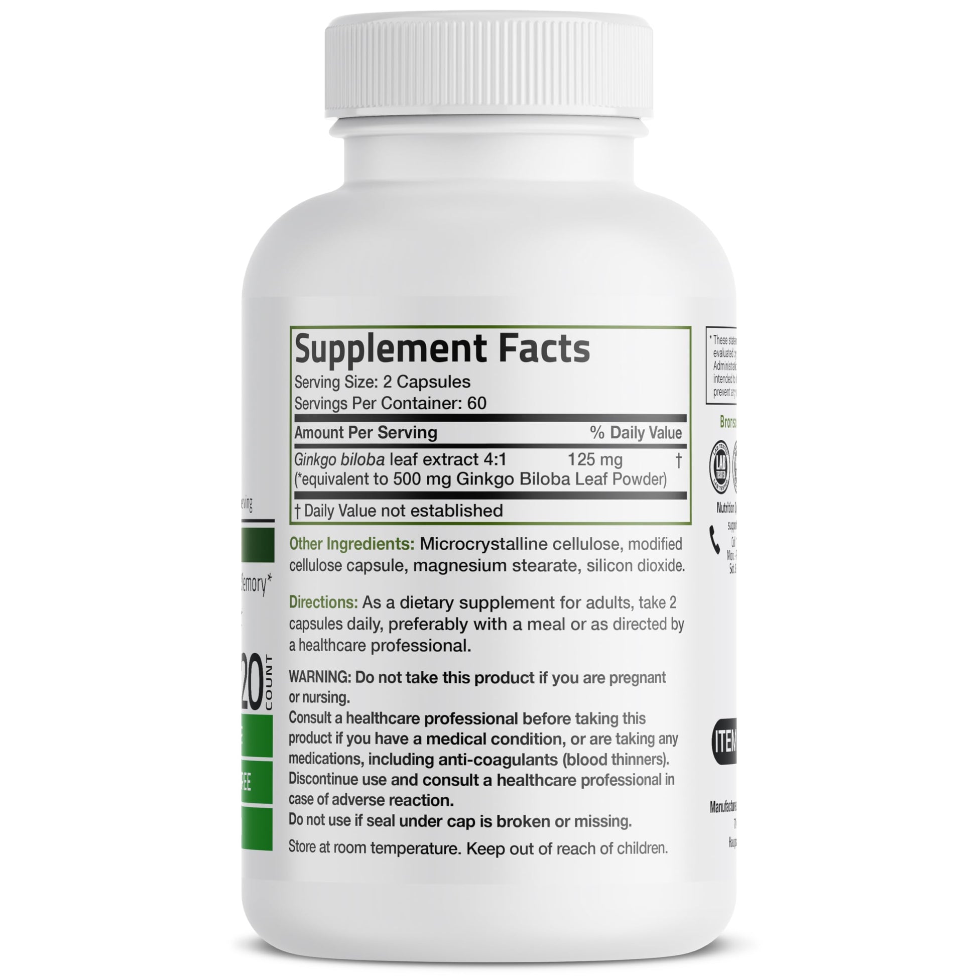 Bronson Ginkgo Biloba Extra Strength 125mg (4:1 Extract) Equivalent to 500mg Bronson uk supplements