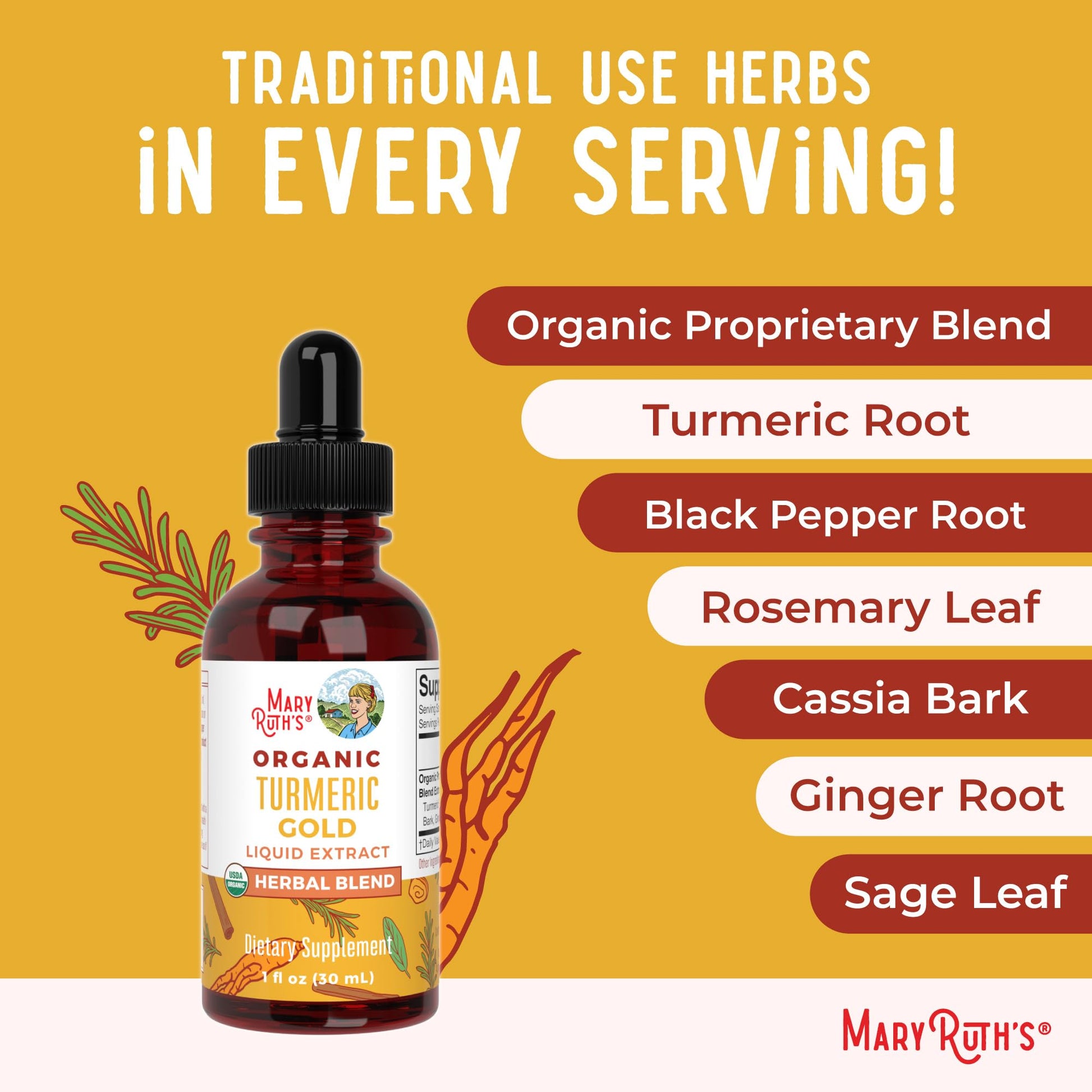 MaryRuth Organics USDA Turmeric Gold Liquid Drops | Herbal Blend | Turmeric Curcumin | Black Pepper | Cassia Cinnamon Bark | Ginger Root | Immune Support | Non-GMO Project Verified | Vegan | 1oz MARYRUTH'S uk supplements