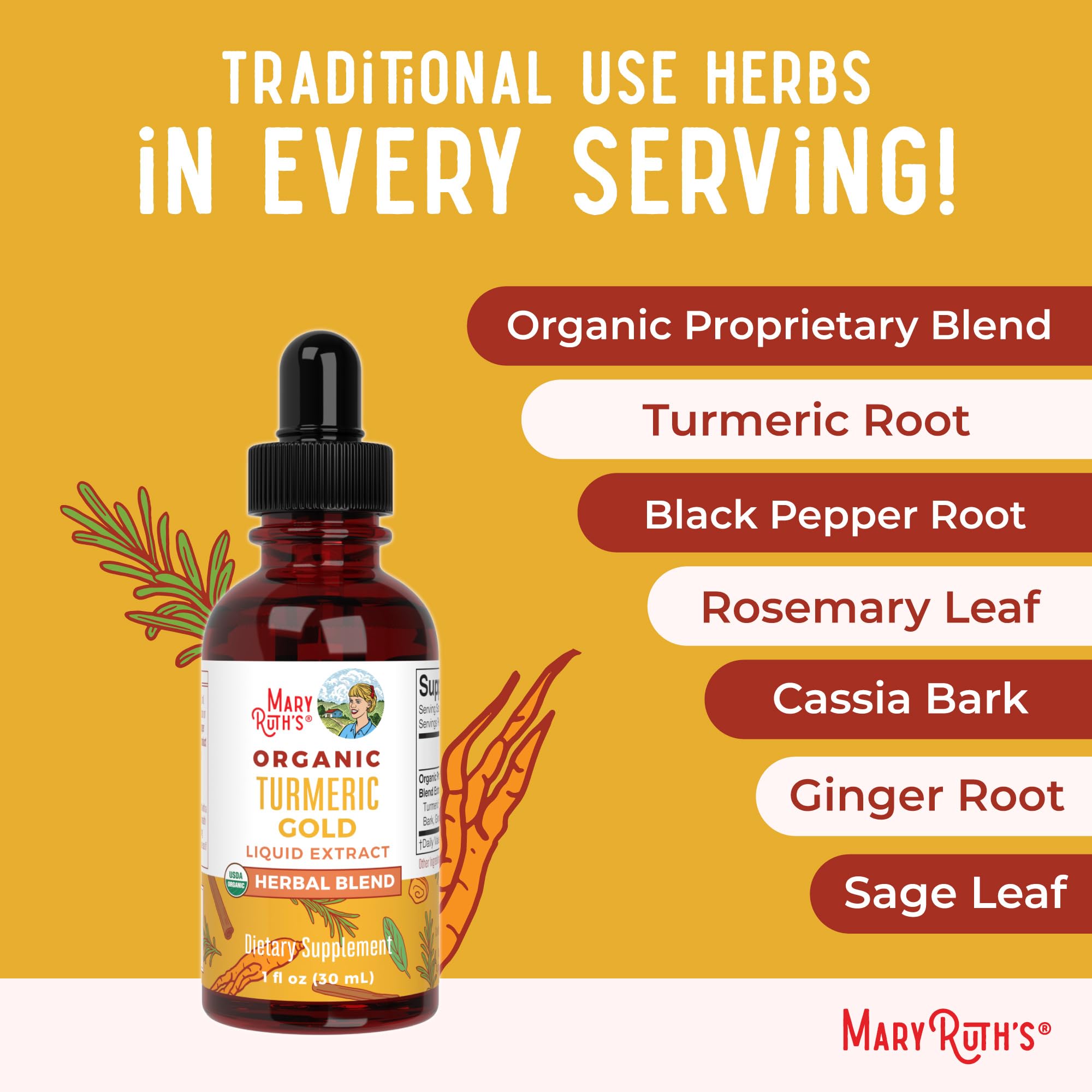 MaryRuth Organics USDA Turmeric Gold Liquid Drops | Herbal Blend | Turmeric Curcumin | Black Pepper | Cassia Cinnamon Bark | Ginger Root | Immune Support | Non-GMO Project Verified | Vegan | 1oz MARYRUTH'S uk supplements