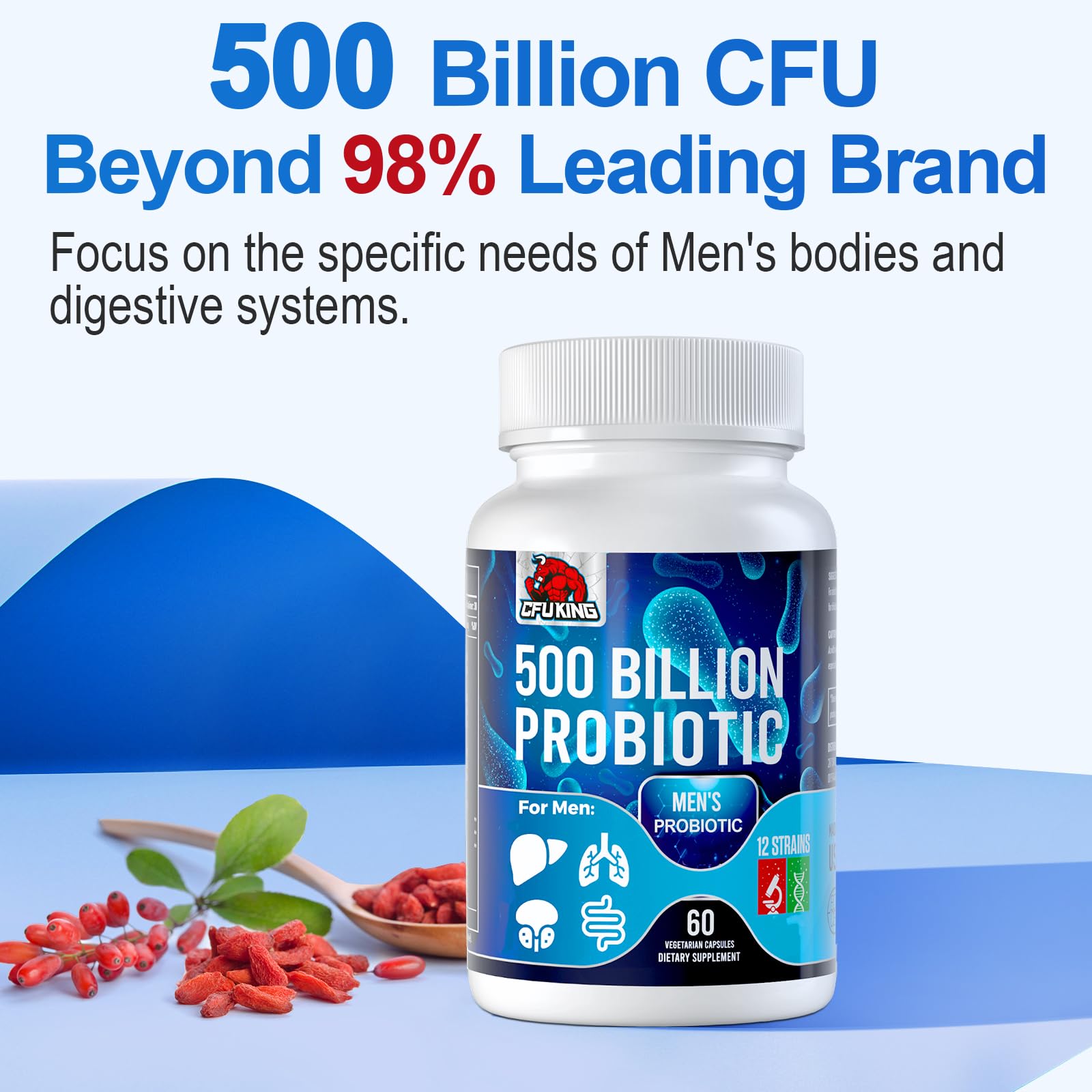 Probiotics for Men, 500 Billion CFU & 12 Mens Probiotic for Digestive Health + 4 Organic Prebiotic Fiber, for Digestive, Gut, Immune Health, Bloating, Gas, Energy Support, Shelf Stable - 120 Capsules CFUKING uk supplements