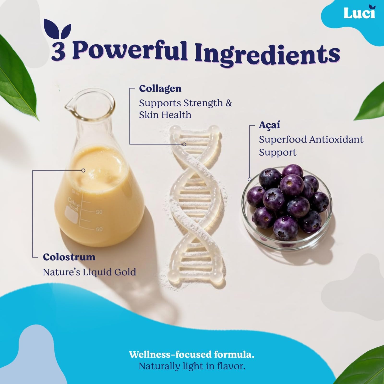Luci Colostrum Powder 60 Servings, 3 in 1 with Collagen Peptides and Acai, Bovine Colostrum for Gut Health, Bloating, Collagen Protein for Muscle, Skin, Hair, Nails and Immunity, Gluten & Fat Free Luci Nutrition uk supplements