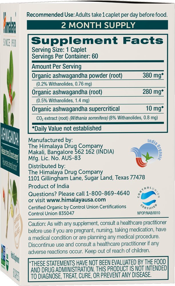 Himalaya Organic Ashwagandha Root, 120 Day Supply - Herbal Adrenal Support Supplements for Stress Relief and Energy Support - USDA Organic, Non-GMO, Vegan, Gluten Free, 60 Caplets, 2 Pack Himalaya uk supplements