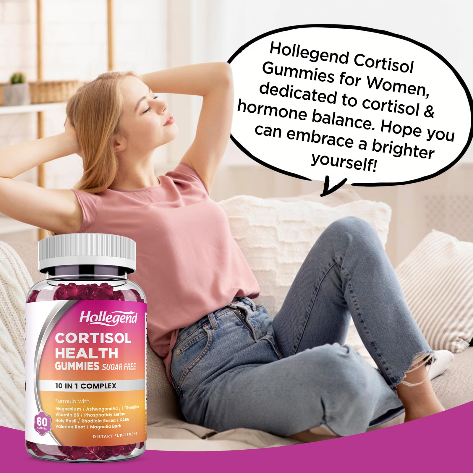 HOLLEGEND Cortisol Supplements for Women Men, Cortisol Gummies with Ashwagandha, Magnesium, L-Theanine, Phosphatidylserine, B6 for Cortisol Detox, Relaxation, Sleep, Focus, Sugar-Free, Vegan, 60 HOLLEGEND uk supplements