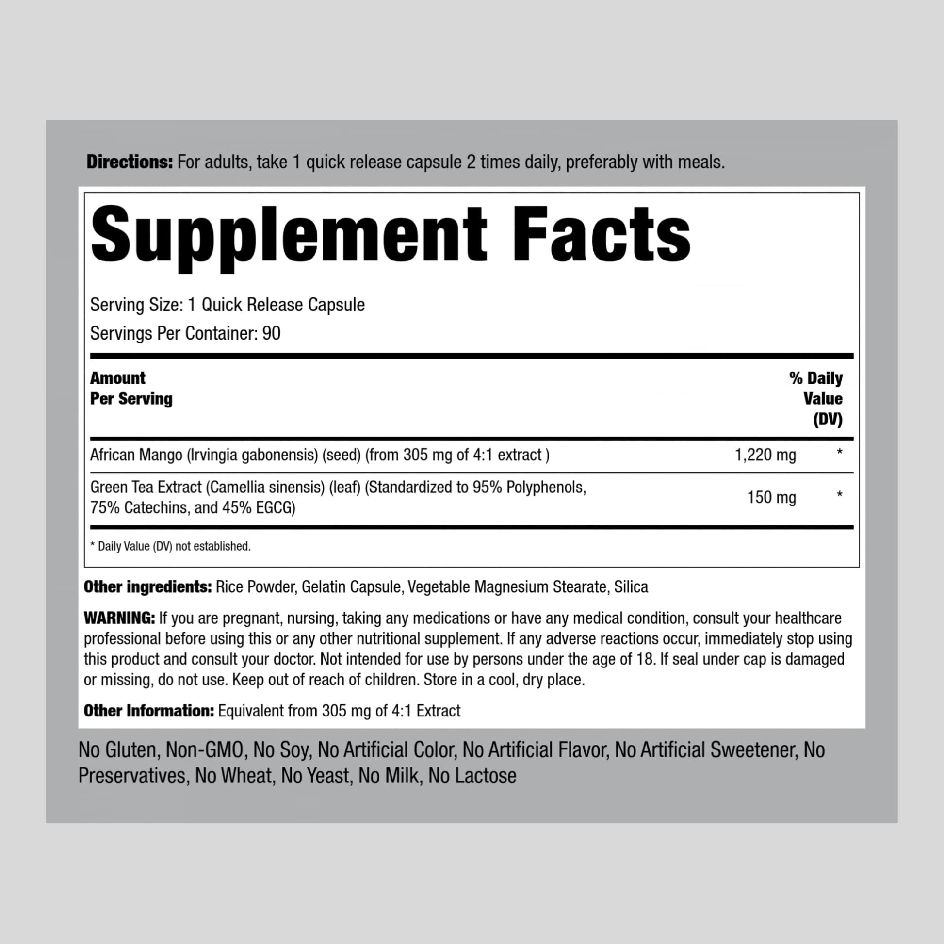 Piping Rock African Mango Seed Extract 1220 mg | 90 Capsules | with Green Tea | Extra Strength Piping Rock uk supplements