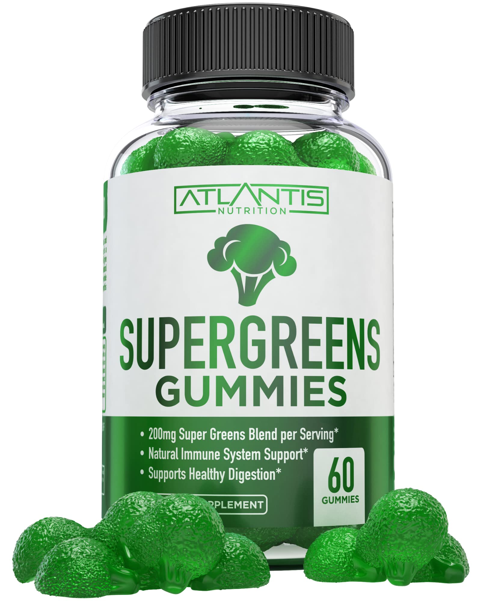 Atlantis Nutrition Supergreens Gummies - Daily Green Superfoods Supplement with Spinach, Broccoli, Moringa, Beet Root, Celery, Green Tea, & Acai for Immunity Support - Natural Raspberry Flavor, 60 cnt Atlantis Nutrition uk supplements