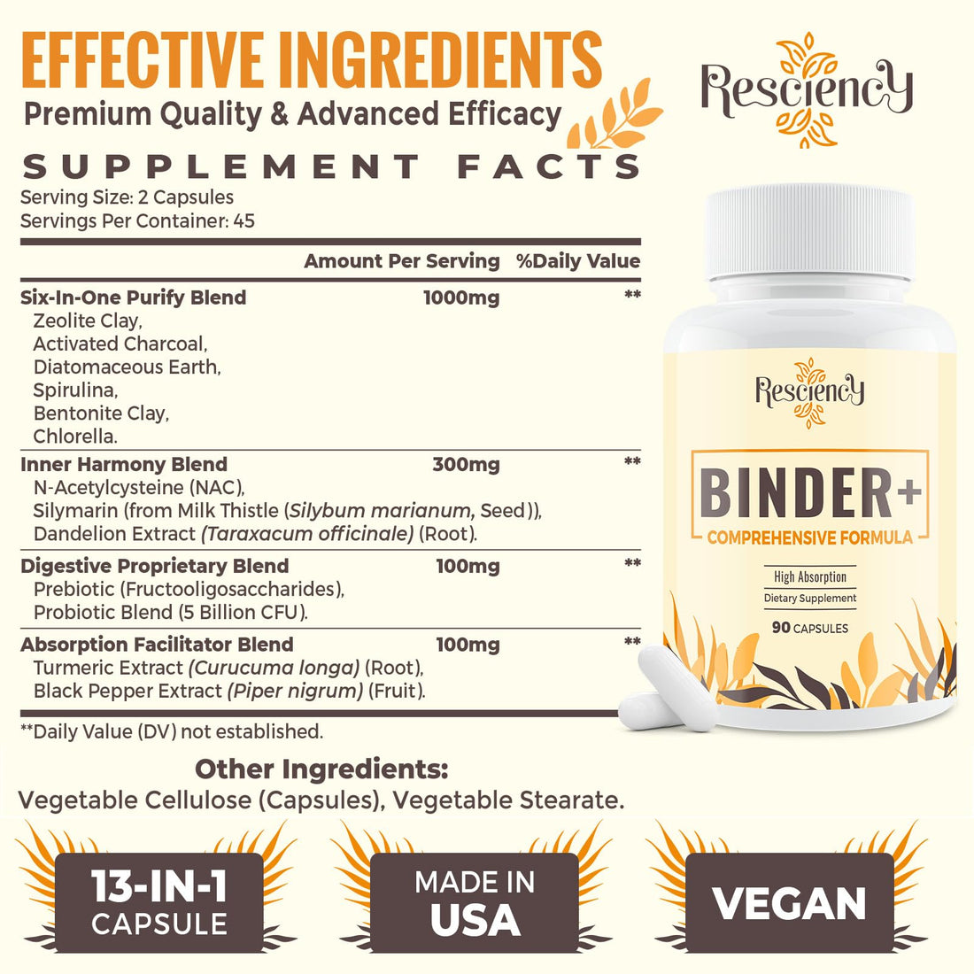 Resciency Detox Binder Supplement – Activated Charcoal, Zeolite, Bentonite Clay, Milk Thistle, Proprietary Blends - Liver & Gut, Max Absorption, 90 Vegan Capsules