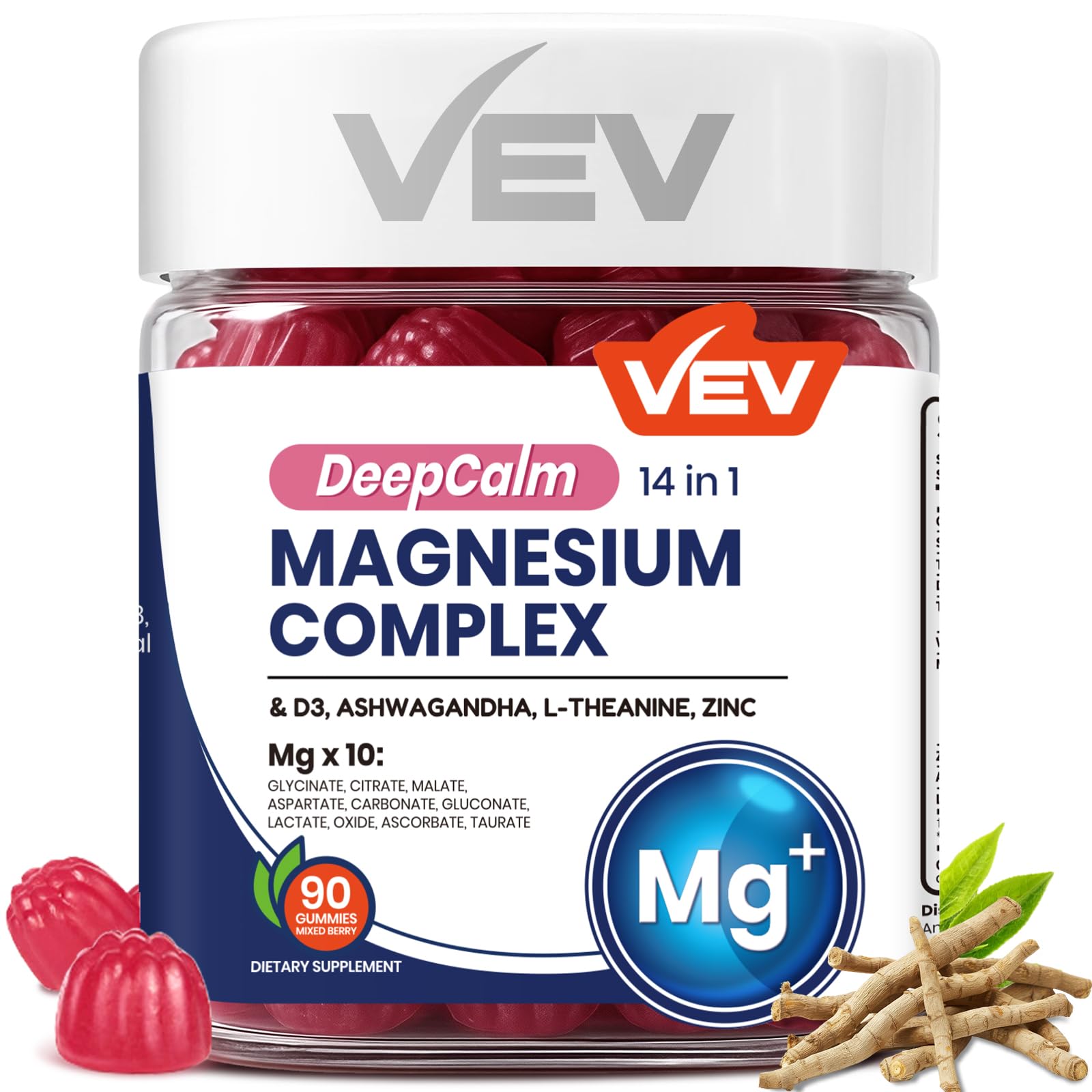 VEV Deep Calm Magnesium Complex 14-in-1 Gummies with Ashwagandha, L-Theanine, Vitamin D3 & Zinc for Women and Men, Vegan Magnesium Glycinate Gummies, 90 Gummies, Pack of 1 VEV uk supplements