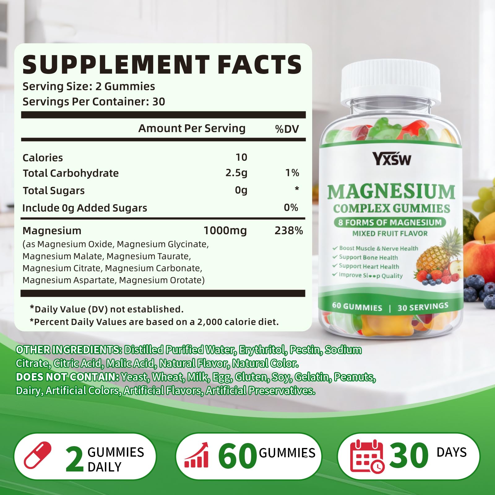 Magnesium Complex Gummies 8 Elemental 1000mg - Magnesium Glycinate, Citrate, Malate, Taurate, Supports Bones, Muscle, Nerve Health, for Women & Men, Vegan Non-GMO, Mixed Flavors, 60 Count YXSW uk supplements