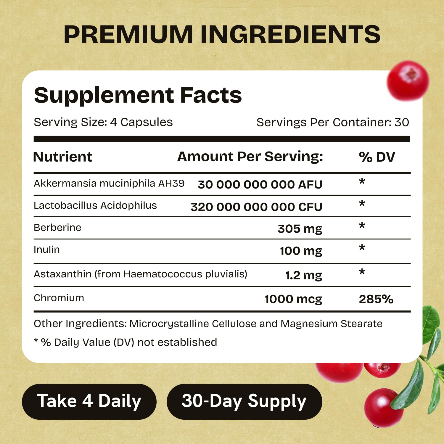 Akkermansia Muciniphila Probiotics 320 Billion CFU| Probiotic and Prebiotic | Akkermansia Probiotics for gut health | Inulin Prebiotic Fiber Capsules Astaxanthin & Berberine & Chromium | 120 capsules Stanis Labs uk supplements