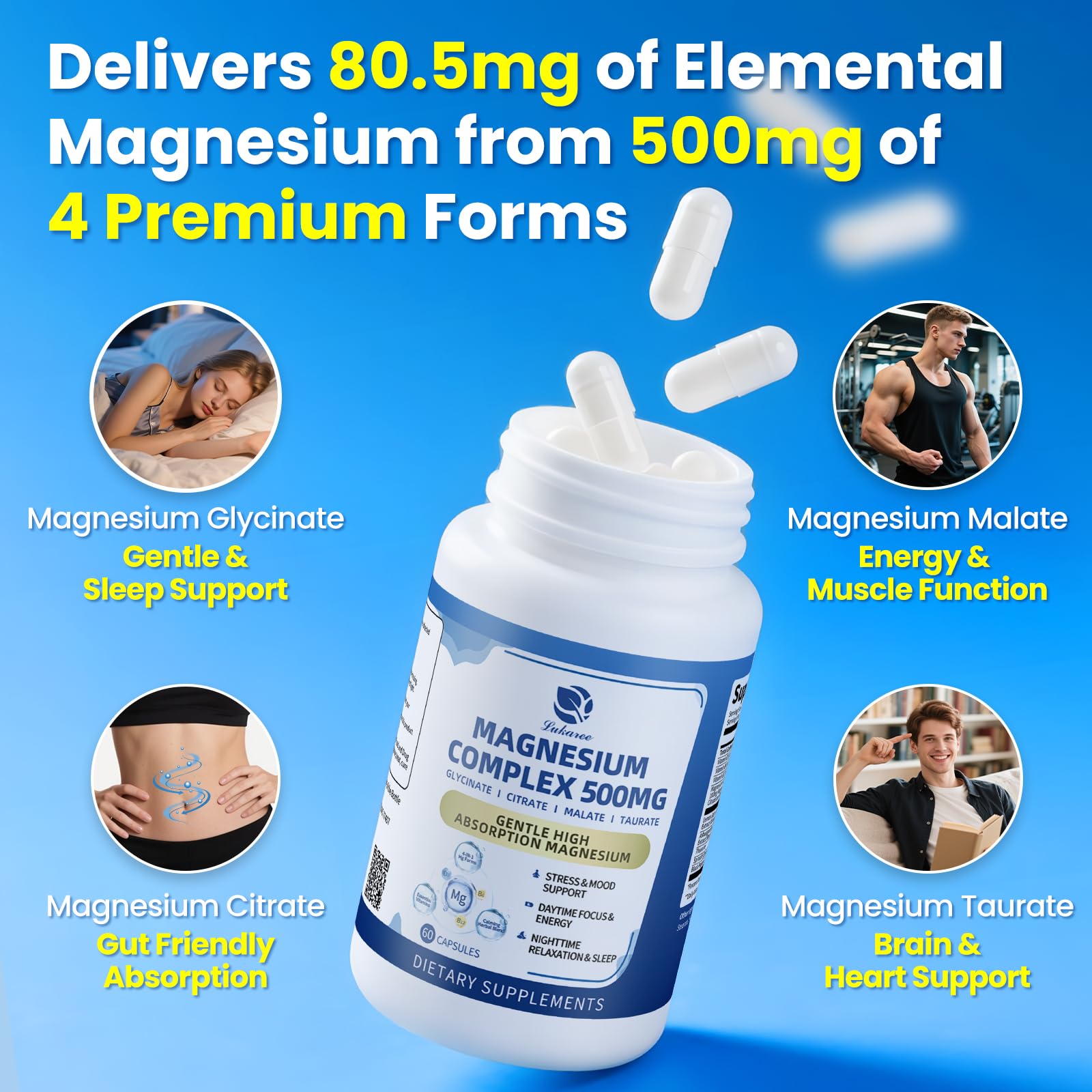 2 Pack Magnesium Complex for Women and Men 4-in-1 Magnesium Glycinate, Citrate, Malate, Taurate - Magnesium Supplement for Relaxation, Sleep & Focus, 60 Days Supply Lukaree uk supplements