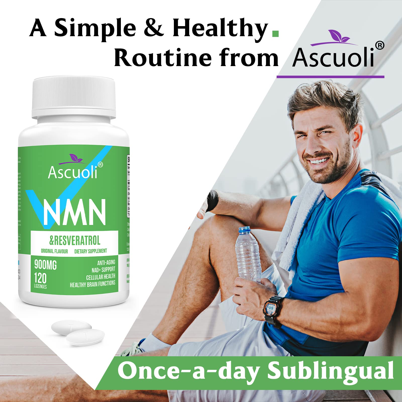 Sublingual NMN 500mg + Trans-Resveratrol 400mg, 3-in-1 Advanced Formula 99% Pure NMN Resveratrol Supplement for Boost* NAD, Cell, Immune, Energy & Muscle, Anti-Aging, 120 Lozenges (120-Day Supply) Ascuoli uk supplements