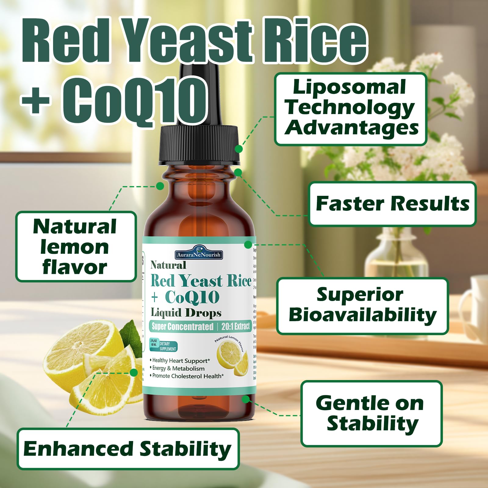 Liposomal Red Yeast Rice with Coq10 Liquid Drops, 5-in-1 Extra Strength 1200mg Cholesterol & Heart Support w. Citrus Bergamot Alpha Lipoic Acid | Cholesterol Lowering Supplement | GMO & Citrinin Free AuraraNeNourish uk supplements