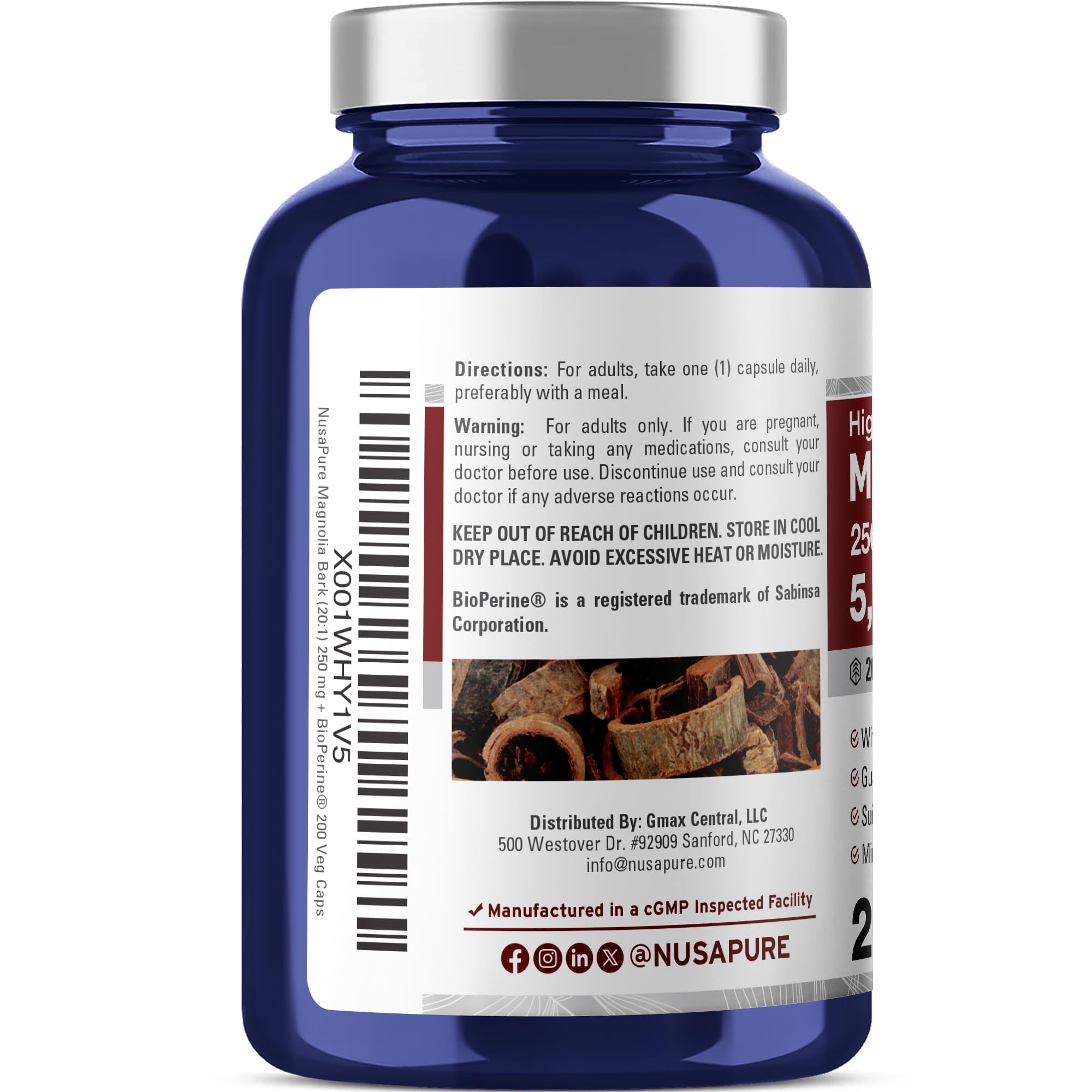 NusaPure Magnolia Bark 20:1 Extract, 250 mg Equivalent to 5,000 mg 200 Vegan Vegetarian Capsules Non-GMO NusaPure uk supplements