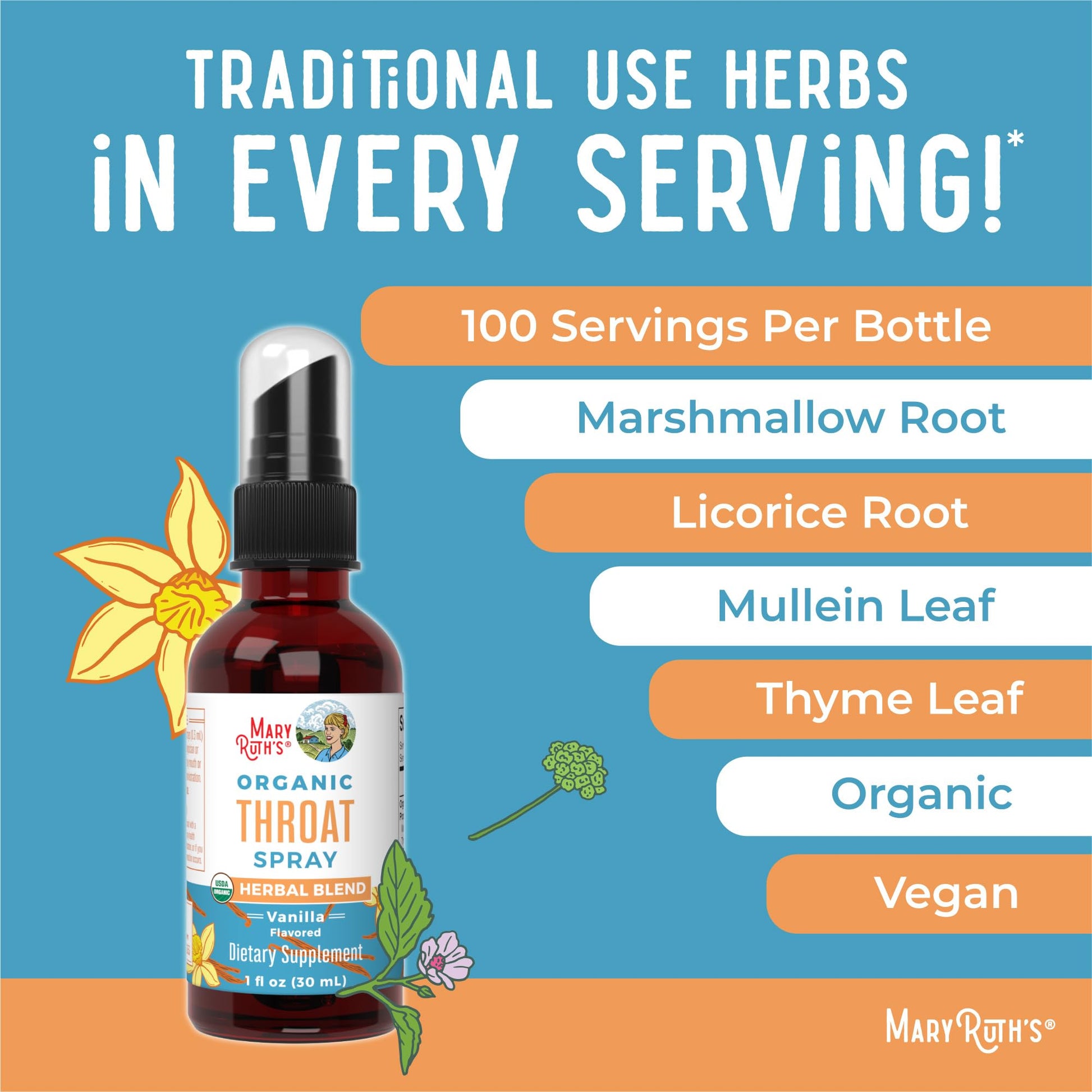 MaryRuth Organics USDA Organic Throat Spray with Mullein Leaf | Marshmallow Root & Licorice Root & Thyme Leaf | Vanilla | 4 Herbal Blend | Non-GMO | Vegan | Gluten Free | 1 Fl Oz | Up to 100 Servings MARYRUTH'S uk supplements