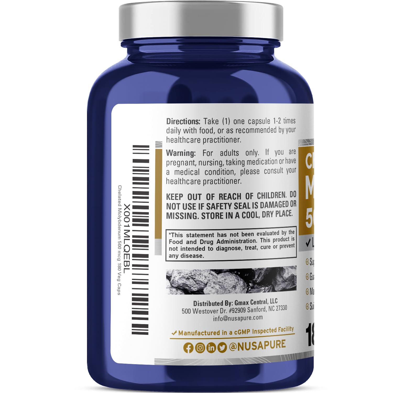 NusaPure Chelated Molybdenum 500 mcg 180 Vegetarian Caps (Vegan, Non-GMO) NusaPure uk supplements