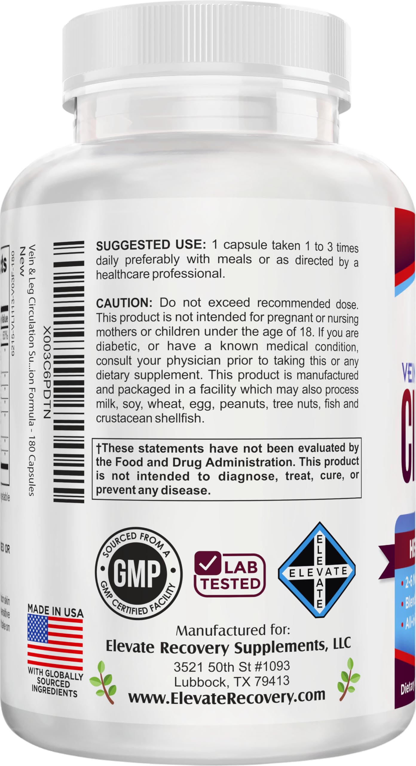 Vein & Leg Circulation (2-Month) Support Supplement with 8 Active Ingredients in 1 Formula | Leg + Vein | Blood Circulation Support Supplements | 60-Day Bulk Supply | 180 Capsules Elevate Recovery Supplements uk supplements