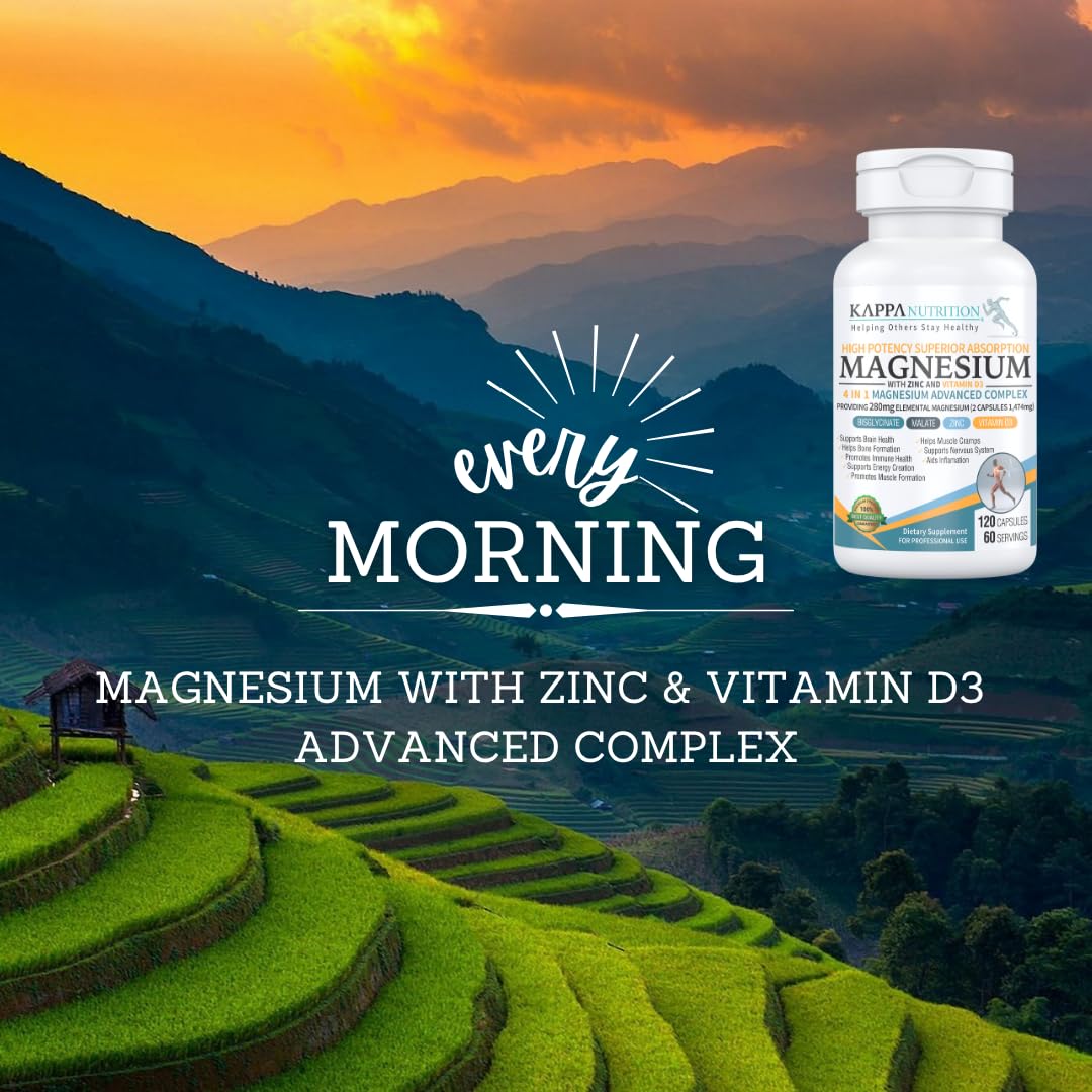 Kappa Nutrition Magnesium 4-in-1, 280mg Elemental Magnesium (Bisglycinate, Malate) + Zinc & Vitamin D3, Brain, Sleep, Energy, Muscle, Immune Support, 120 Vegan Capsules. KAPPA NUTRITION uk supplements