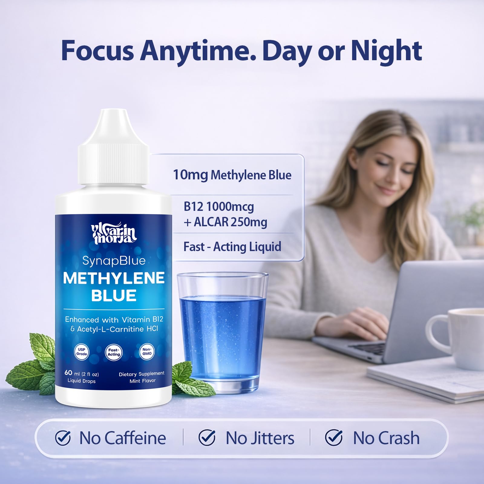 Methylene Blue Drops for Humans, 1% USP Grade – Dropper-Free No-Touch Bottle, Brain Supplement for Memory and Focus – Fast-Acting Nootropic with Methyl B12 & ALCAR – Caffeine-Free, Mint Flavor, 2oz YLVARIN THORIA uk supplements