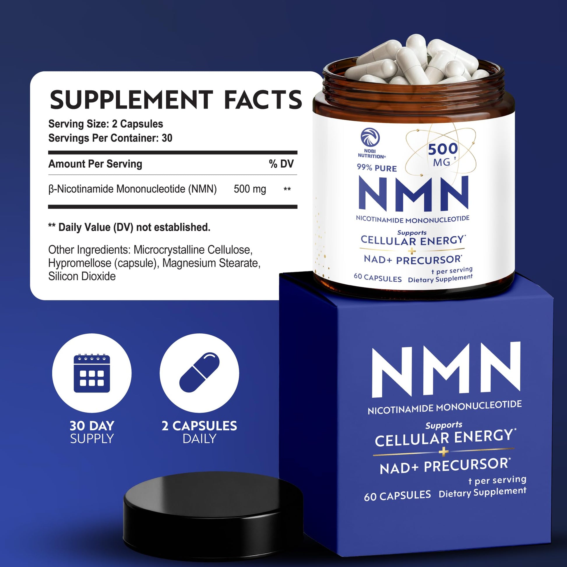 NMN Supplement 500mg | 99% Pure | NAD+ Precursor for Cellular Energy, Longevity, Repair, and Healthy Aging Support | Third-Party Tested & Non-GMO | Nicotinamide Mononucleotide | 60 NMN Capsules Nobi Nutrition uk supplements