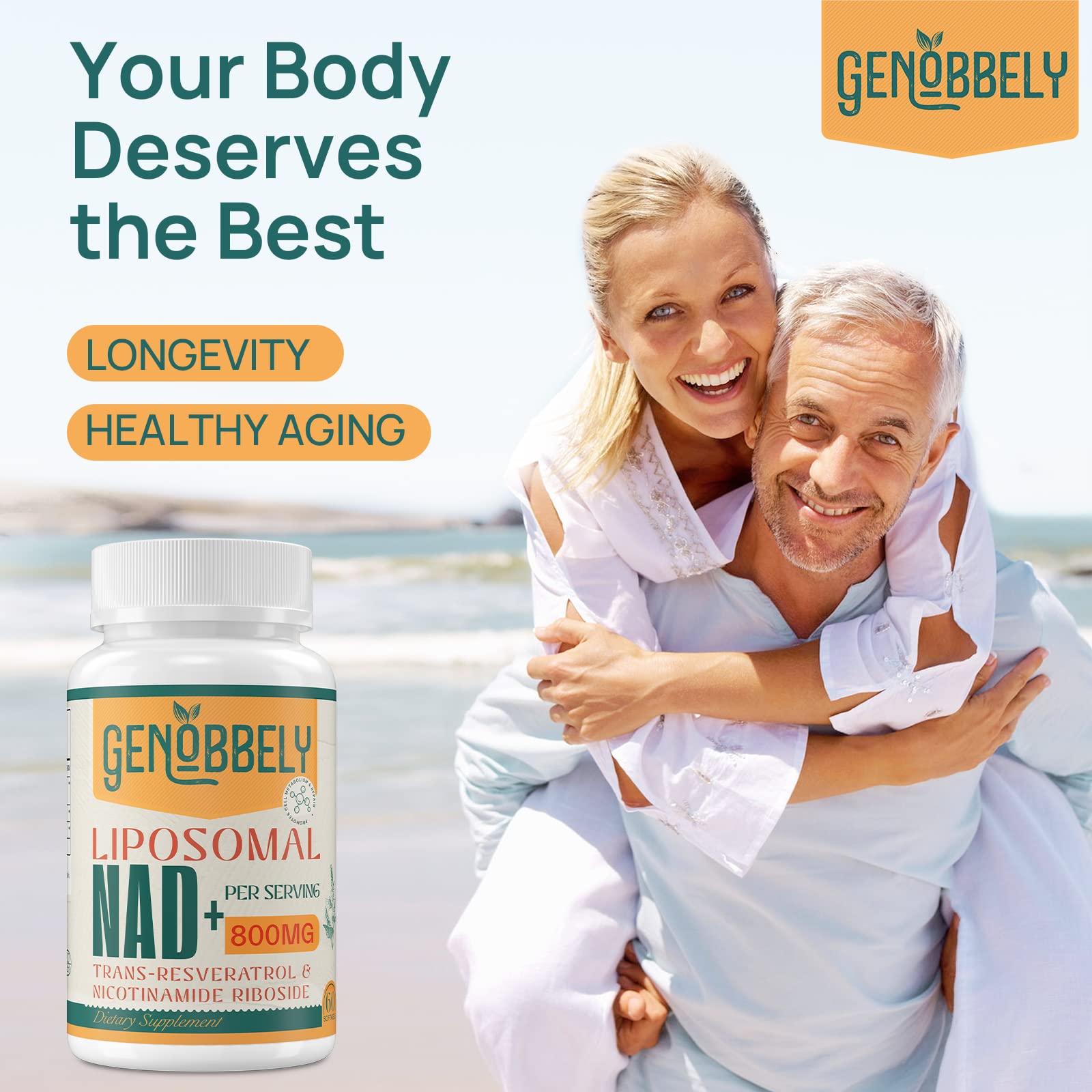 GENOBBELY 800 mg Liposomal NAD+ Supplement with Nicotinamide Riboside 200 mg, Trans-Resveratrol 100 mg - True NAD Supplement for DNA Repair, Healthy Aging, Brain Function - 60-Day Supply GENOBBELY uk supplements
