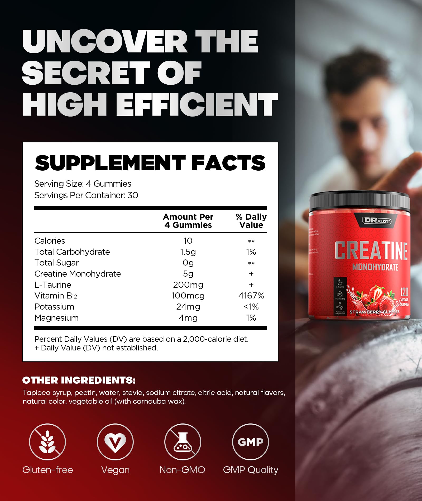 Dralot 99.99% Creatine Monohydrate Gummies More 15% Strength, 5X Energy & Muscle Support Pre-Workout Complex Creatine for Women & Men with 5000mg Creatine, L-Taurine, B12, Mg & K, 0 Sugar, Vegan Dralot uk supplements