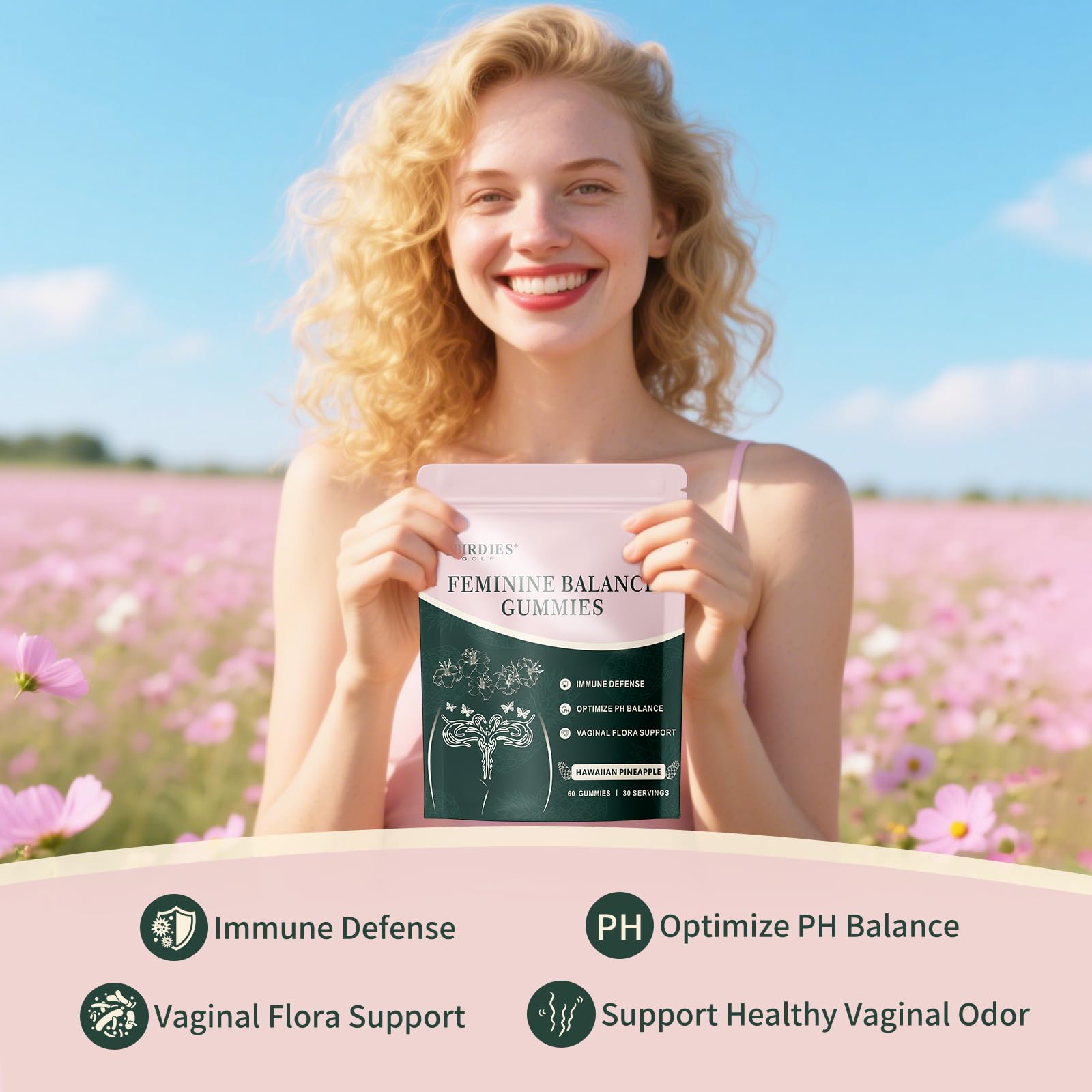4 BIRDIES GOLF Premium Feminine Balance Gummies for Women's Health, Hawaiian Pineapple Gummies for Women Vaginal Probiotic & pH Balance Support - Vegan - Healthy Odor - Gluten-Free - 60 Count 4 BIRDIES GOLF uk supplements