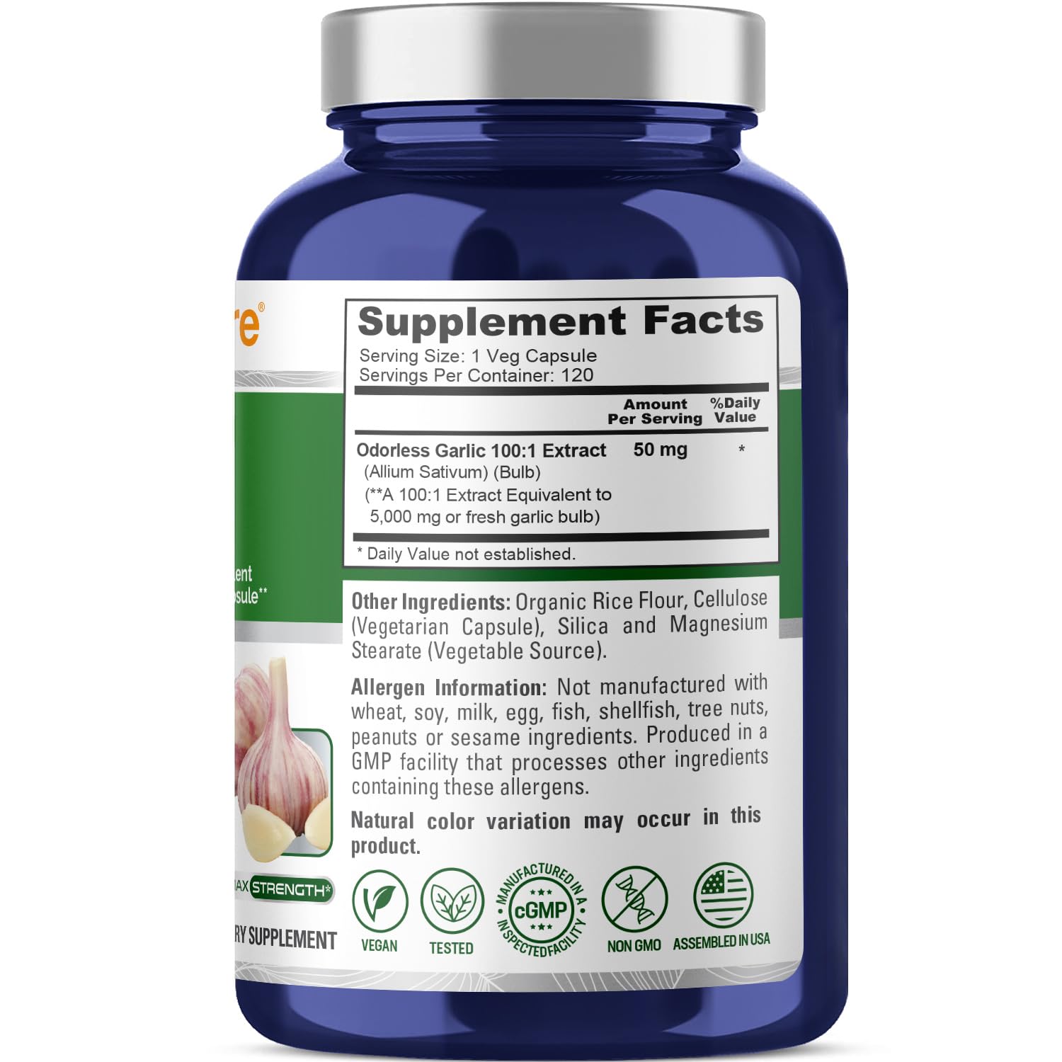 NusaPure Odorless Garlic 100:1 Extract, 50 mg Equivalent to 5000mg Capsule | 120 Veggie Caps | High Potency | Herbal Supplement | Non-GMO | Vegan NusaPure uk supplements