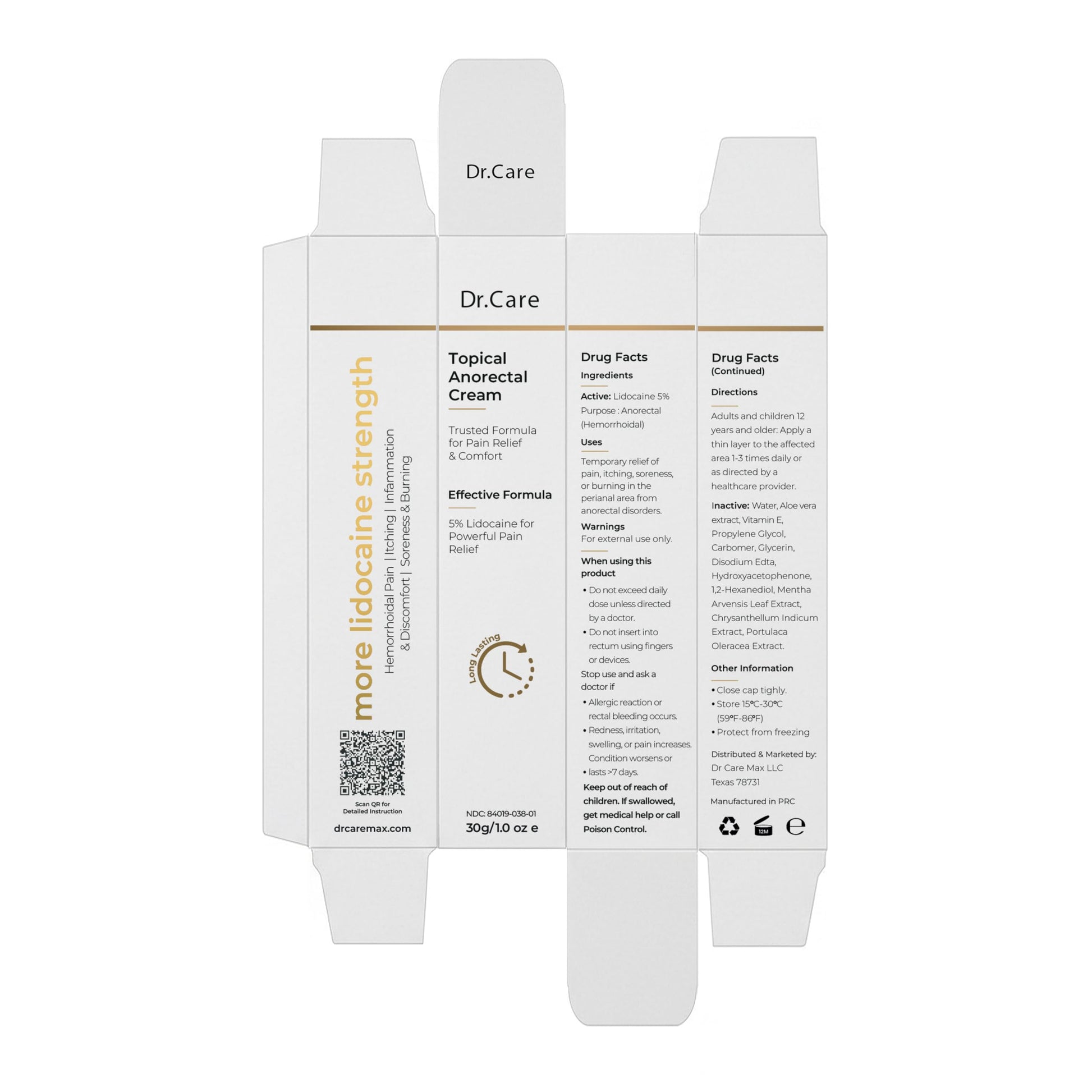 Dr Care Anorectal Cream with 5% Lidocaine - Maximum Strength Topical Anesthetic for Hemorrhoid Relief, Itching, & Burning (1.0 oz) Dr Care uk supplements