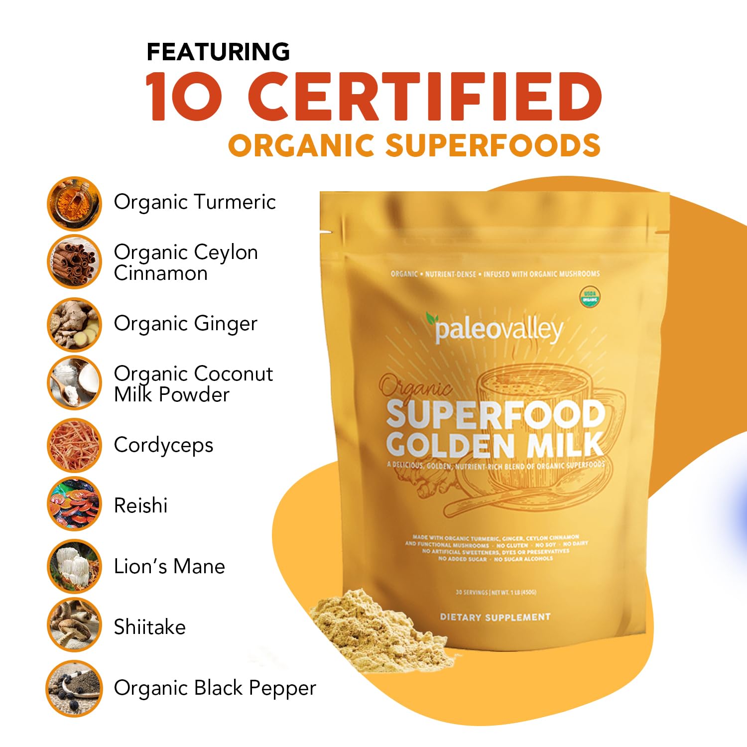 Paleovalley Organic Superfood Golden Milk - Immune, Focus, Cognitive, Longevity - Turmeric, MCT-Rich Coconut Milk, Functional Mushrooms, 30 Servings Paleovalley uk supplements
