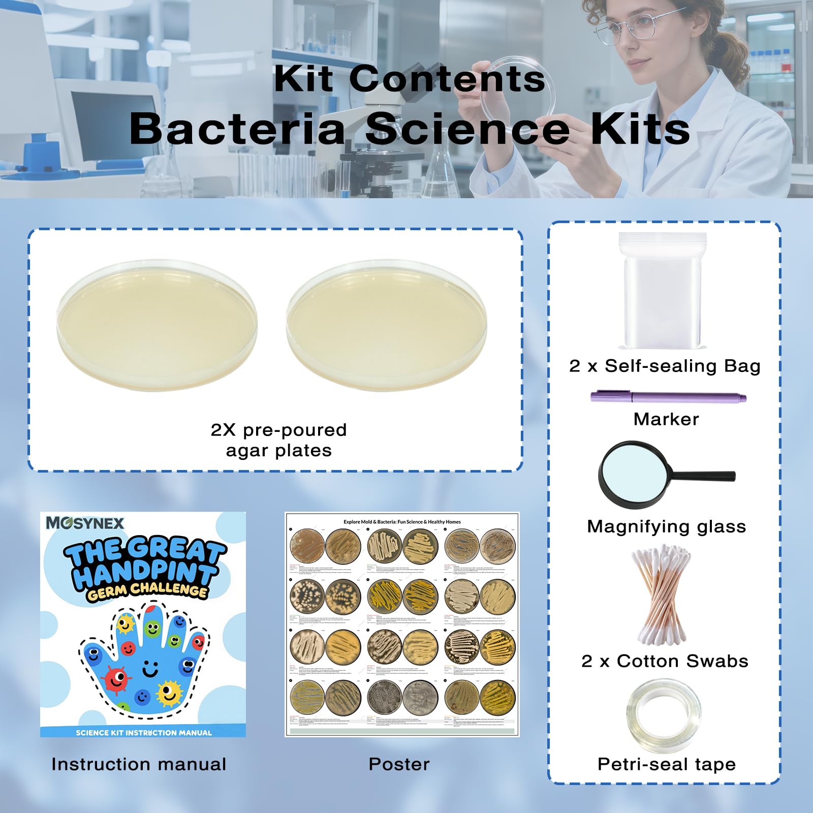 Giant Microbiology Bacteria Science Kit for Kids:2 XL 150mm Prepoured Nutrient Agar Plates, Petri Dishes with Agar & Colony Characteristics Poster for School Projects & Educational Gifts Mosynex uk supplements
