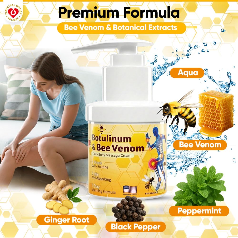 PPT.MHC Bee Venom Warming Cream with Pump - Massage Body Rub with Ginger, Peppermint & Black Pepper - Premium Bee Venom Lotion for Back, Legs & Feet - Everyday Non-Greasy 3.5oz Cream PPT.MHC uk supplements