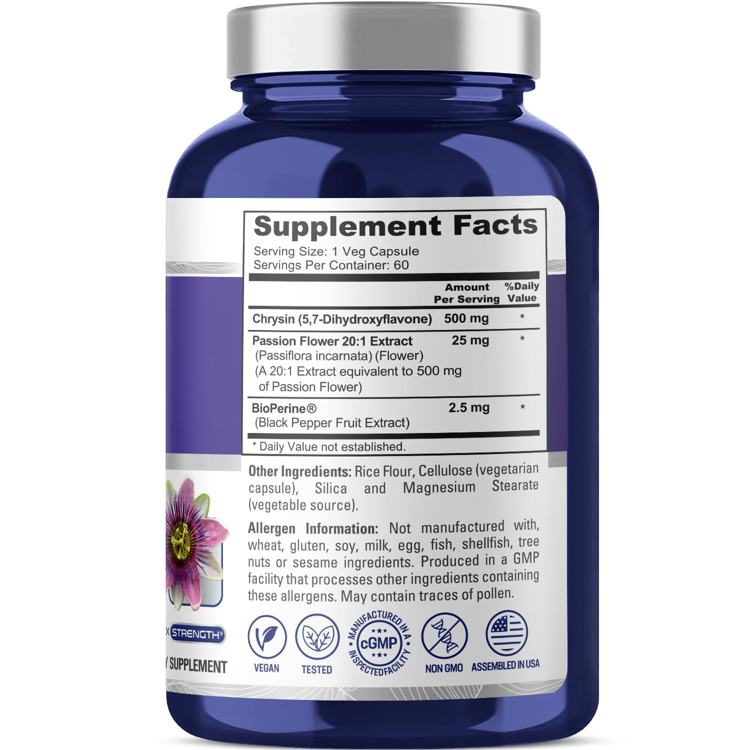NusaPure Chrysin 500mg, 60 Veggie Capsules | Passion Flower Complex 500mg Supplement | 5, 7-Dihydroxyflavone | Concentrated Extract | Non-GMO, BioPerine & Vegan NusaPure uk supplements